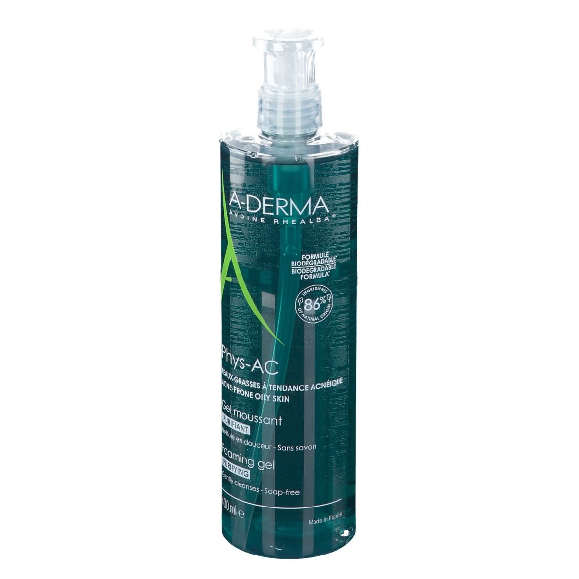 A-DERMA PHYS-AC Gel detergente. Flacone turchese con dosatore. Nome e logo visibili.