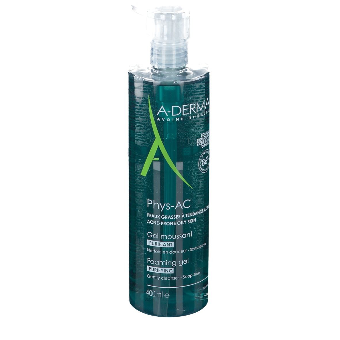 A-DERMA PHYS-AC Gel detergente. Flacone turchese con dosatore. Nome e logo visibili.