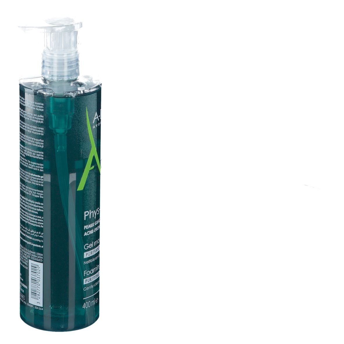 A-DERMA PHYS-AC Gel detergente. Flacone turchese con dosatore. Nome e logo visibili.