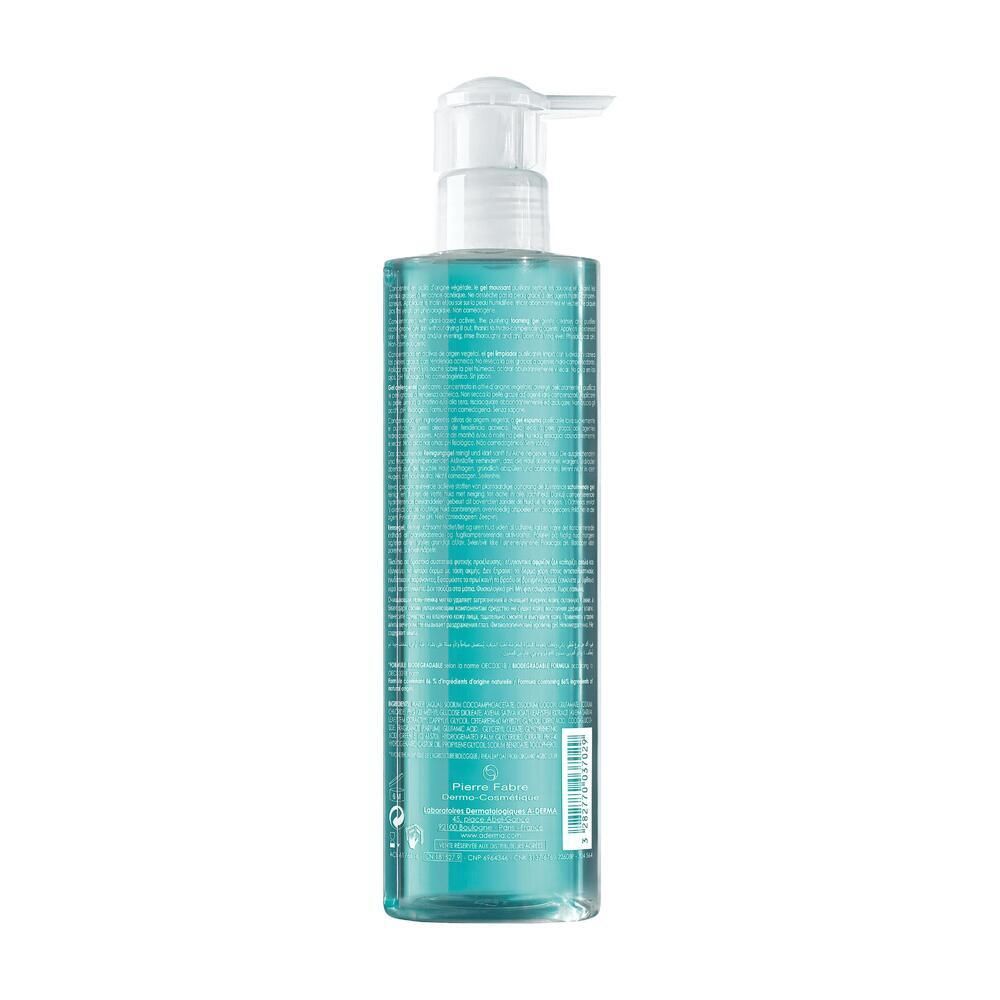 Retro del flacone A-DERMA PHYS-AC. Testo multilingue. Codice a barre e informazioni produttore.