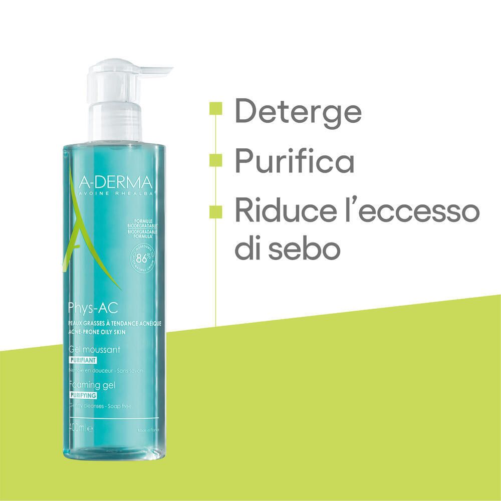 A-DERMA PHYS-AC. Testo: Deterge, purifica, riduce l'eccesso di sebo. Elementi grafici verdi.
