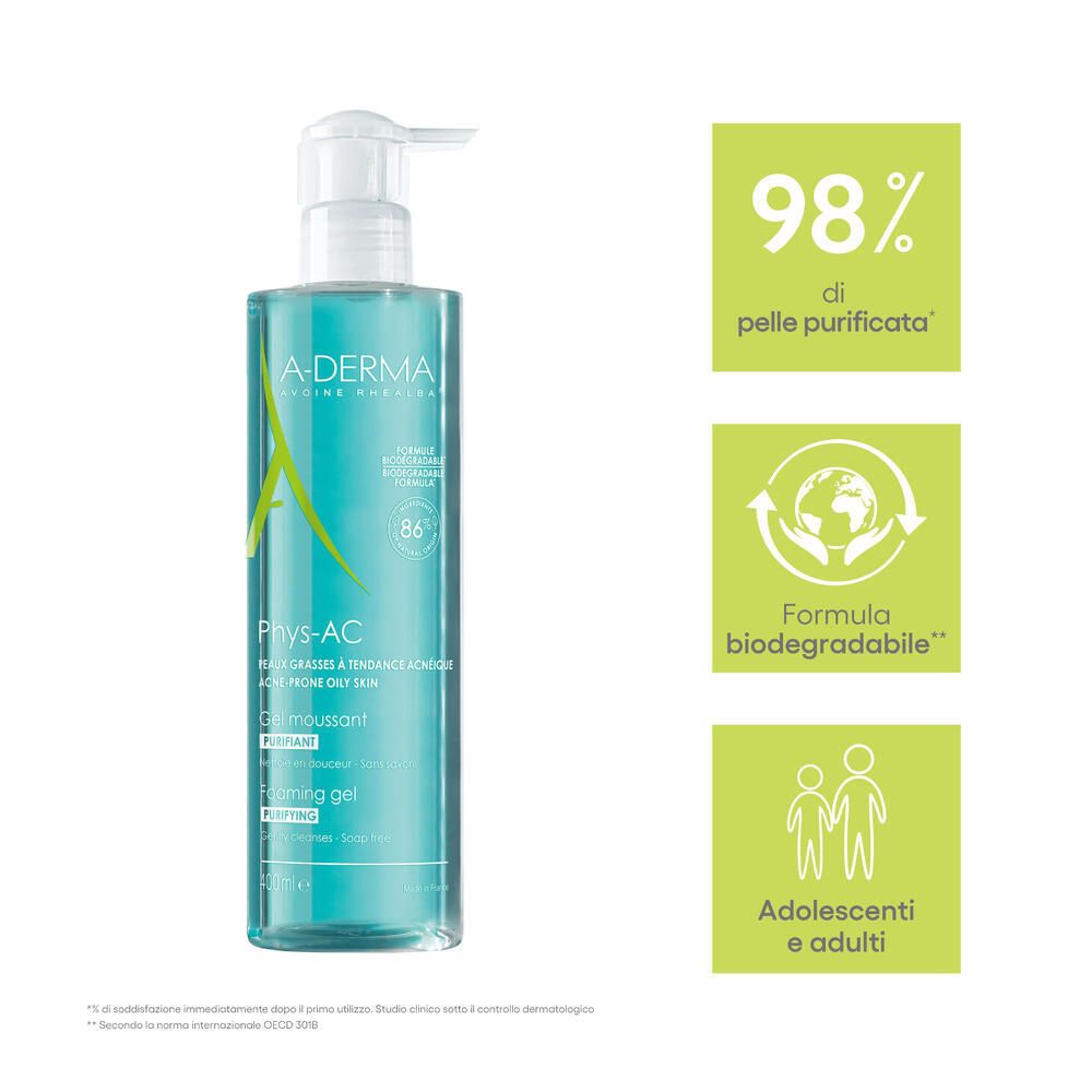 A-DERMA PHYS-AC. 98% di pelle purificata. Formula biodegradabile. Per adolescenti e adulti.