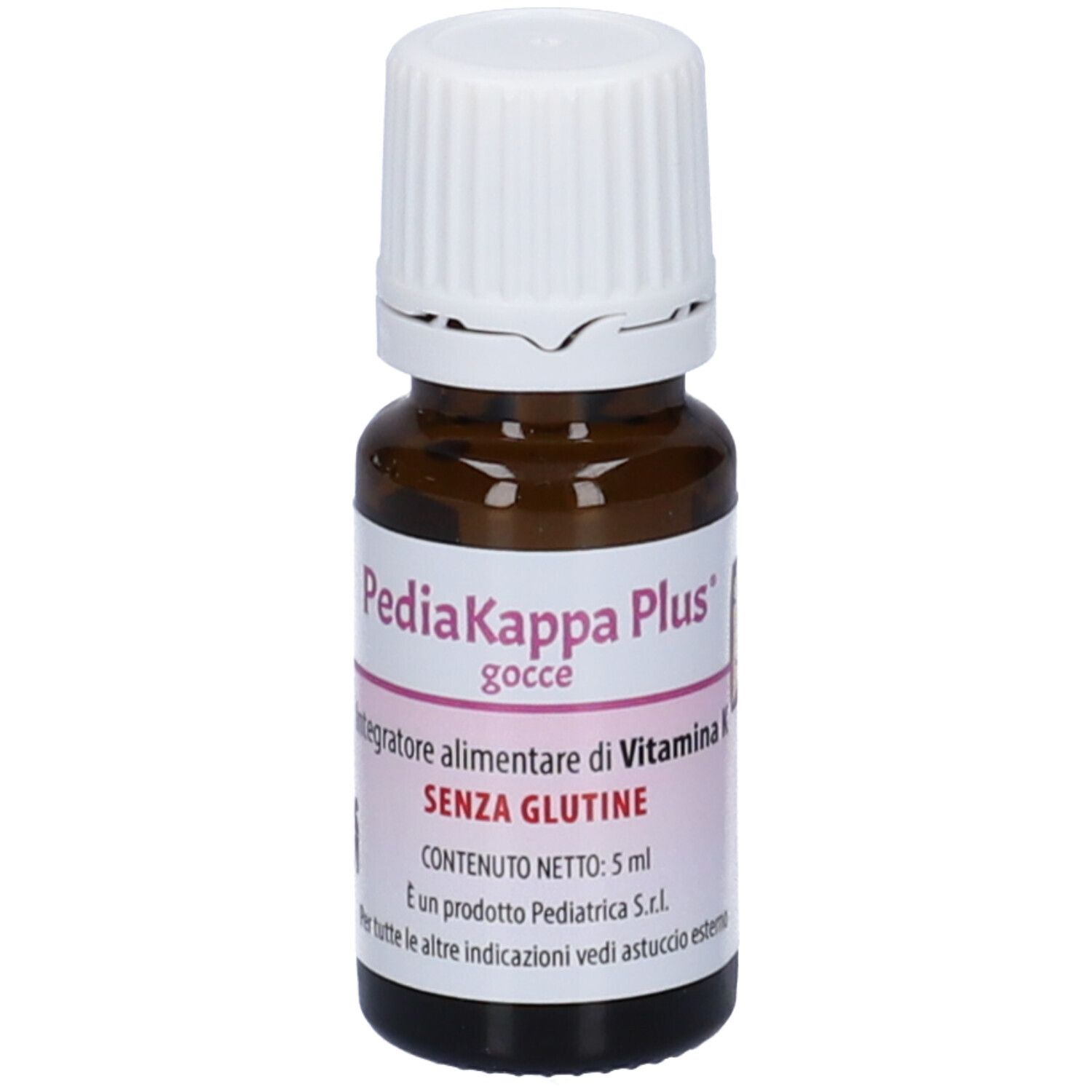 Flacone di vetro marrone con tappo bianco. Etichetta con nome del prodotto e informazioni. Senza glutine. 5 ml.