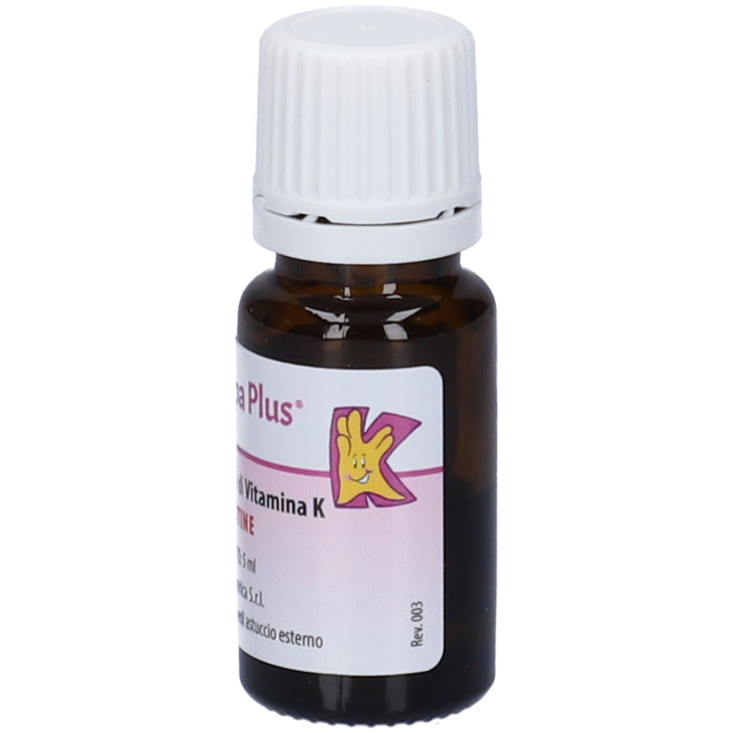 Flacone di vetro marrone con tappo bianco. Etichetta con nome del prodotto e vitamina K. Senza glutine. 5 ml.