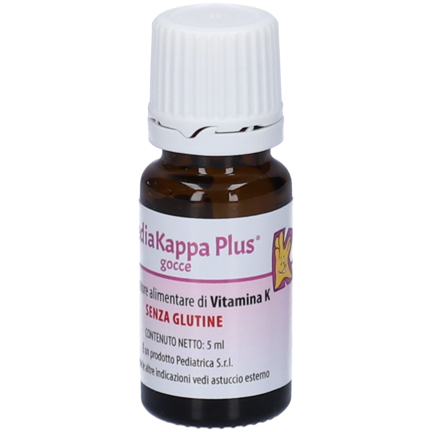 Flacone di vetro marrone con tappo bianco. Etichetta con nome del prodotto e informazioni. Senza glutine. 5 ml.