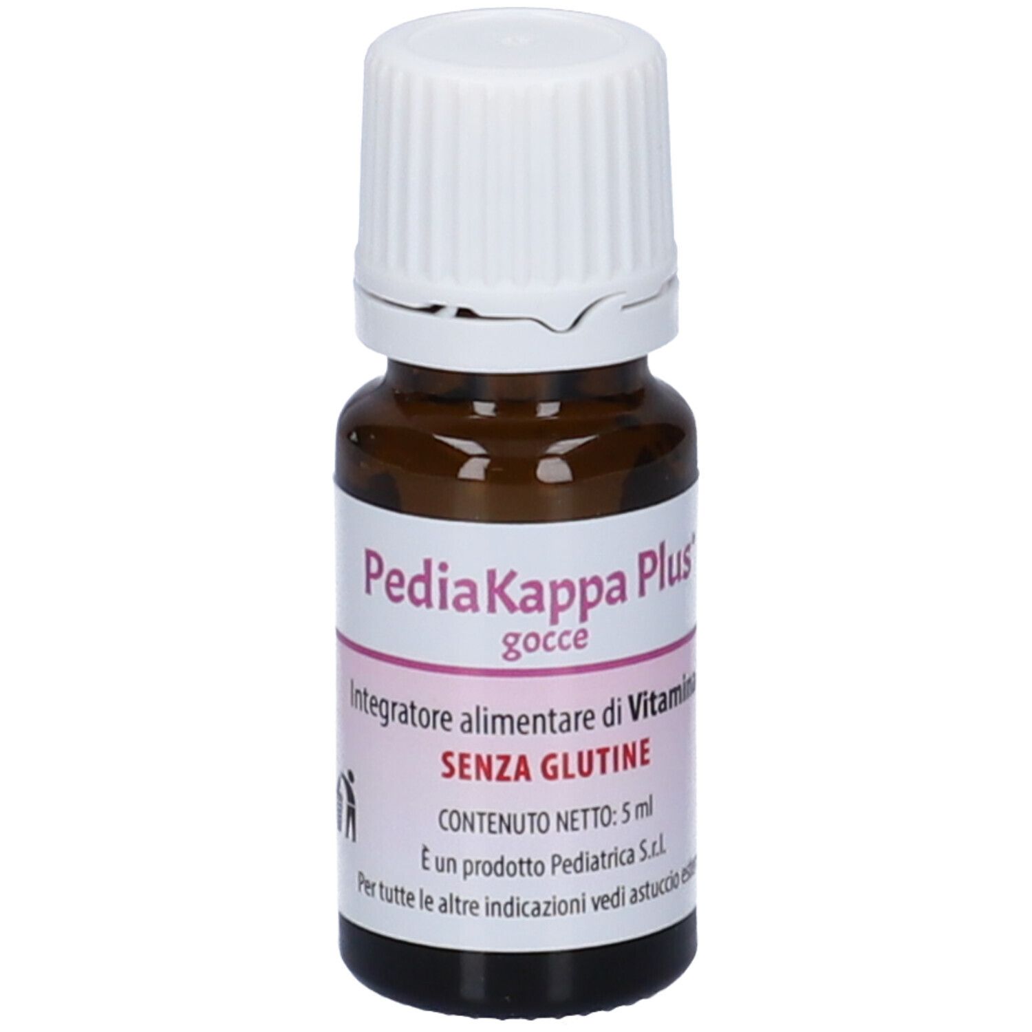 Flacone di vetro marrone con tappo bianco. Etichetta con nome del prodotto e informazioni. Senza glutine. 5 ml.