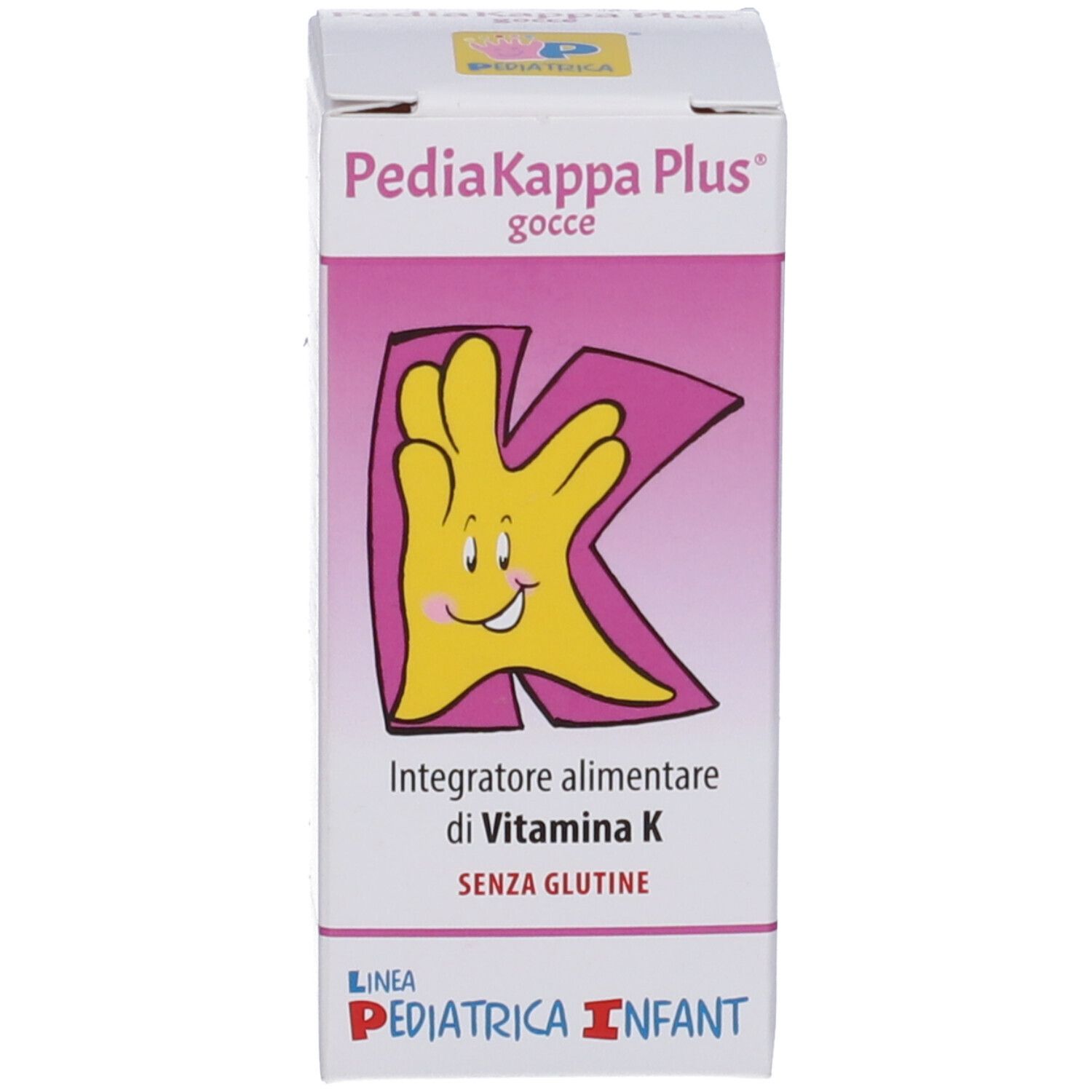 Confezione del prodotto. Scatola con nome del prodotto e logo. Senza glutine. Contiene vitamina K.