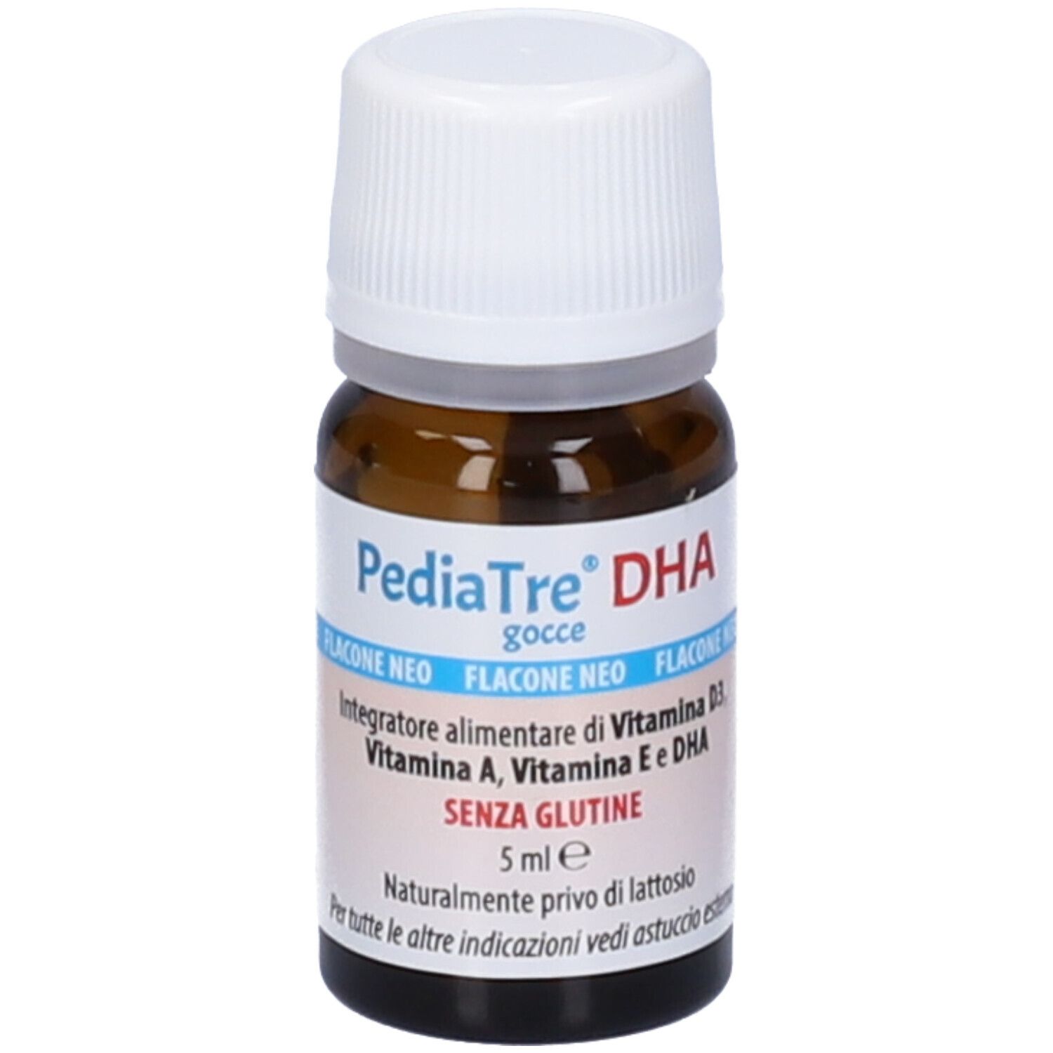 Flacone in vetro marrone con tappo a vite bianco. Scritta: PediaTre DHA, ingredienti, senza glutine.