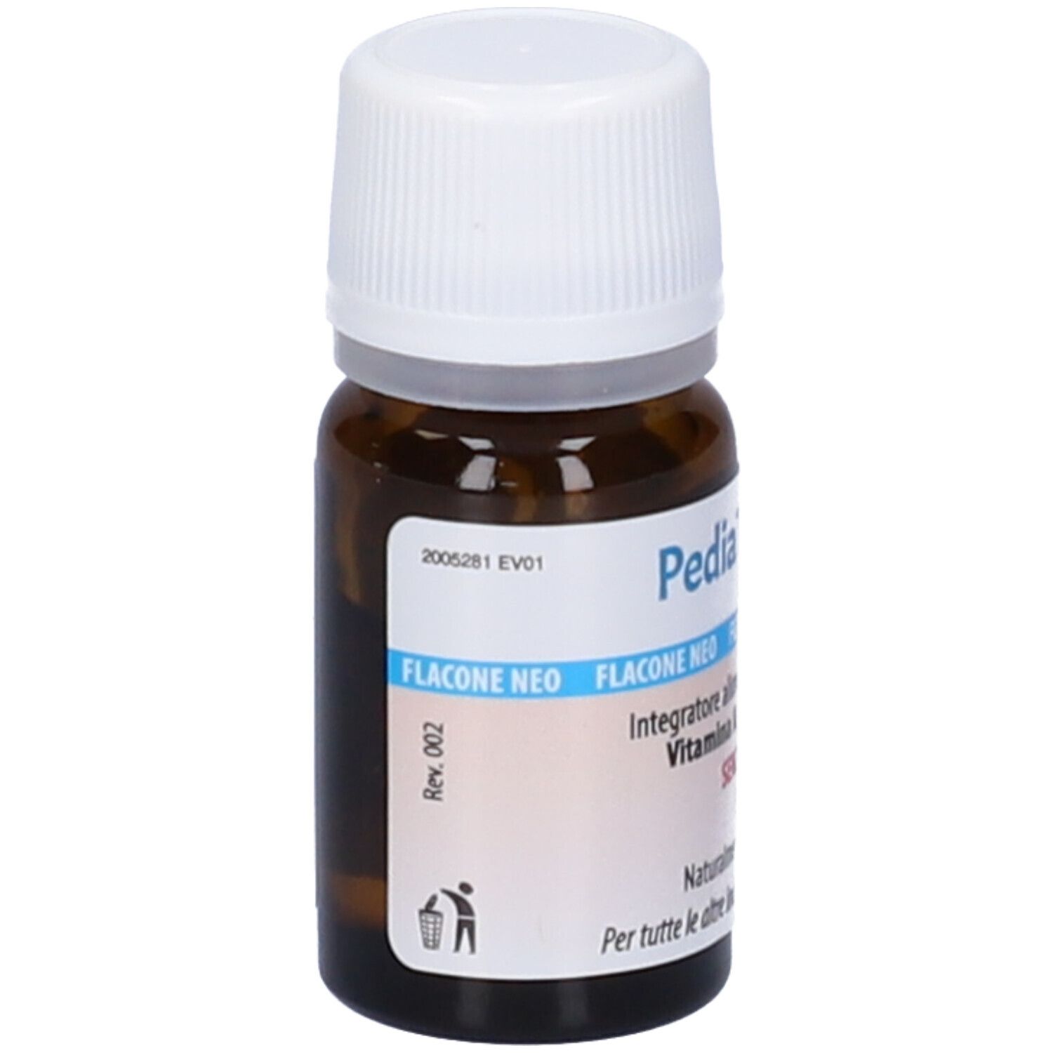 Flacone in vetro marrone con tappo a vite bianco. Scritta: PediaTre DHA, ingredienti, senza glutine.