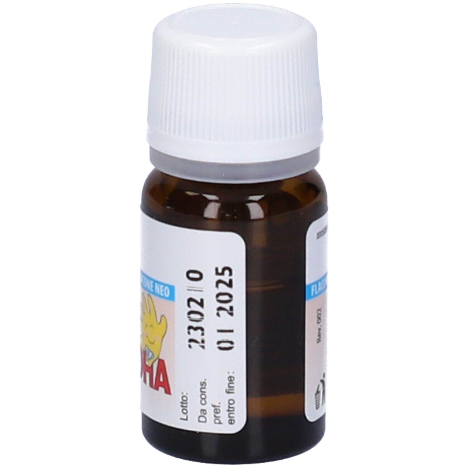 Flacone in vetro marrone con tappo a vite bianco. Scritta: PediaTre DHA, ingredienti, senza glutine.
