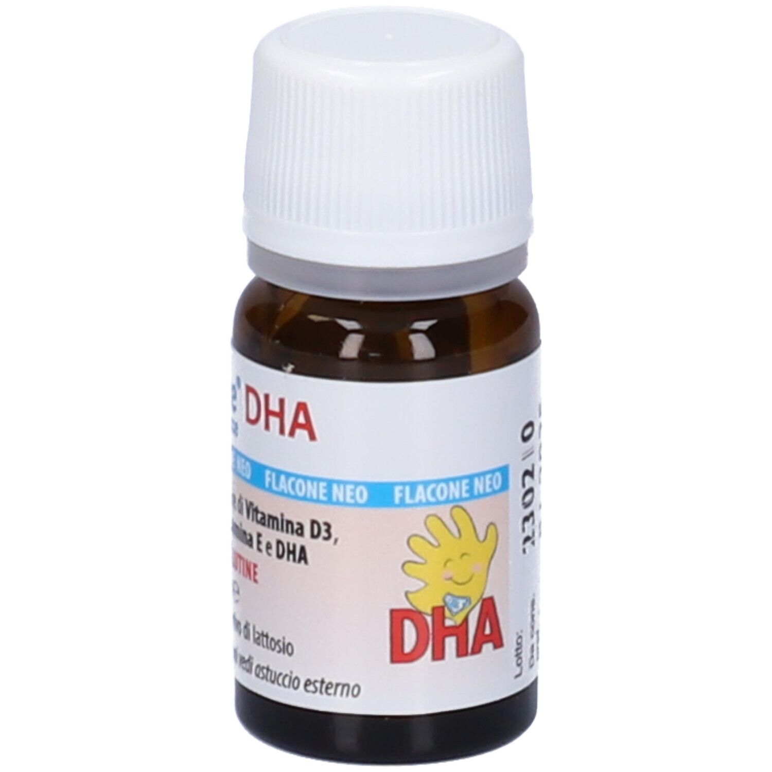Flacone in vetro marrone con tappo a vite bianco. Scritta: PediaTre DHA, ingredienti, senza glutine.