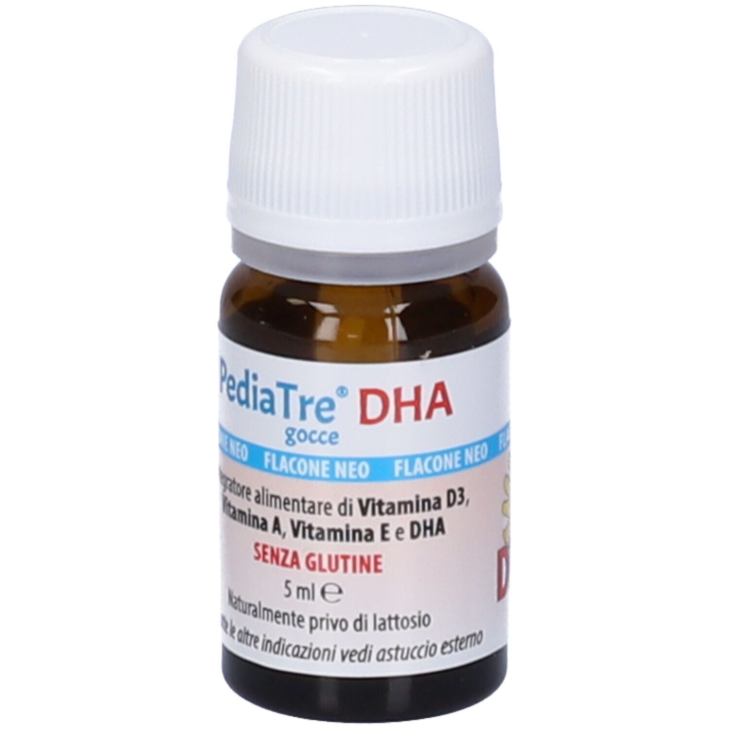 Flacone in vetro marrone con tappo a vite bianco. Scritta: PediaTre DHA, ingredienti, senza glutine.