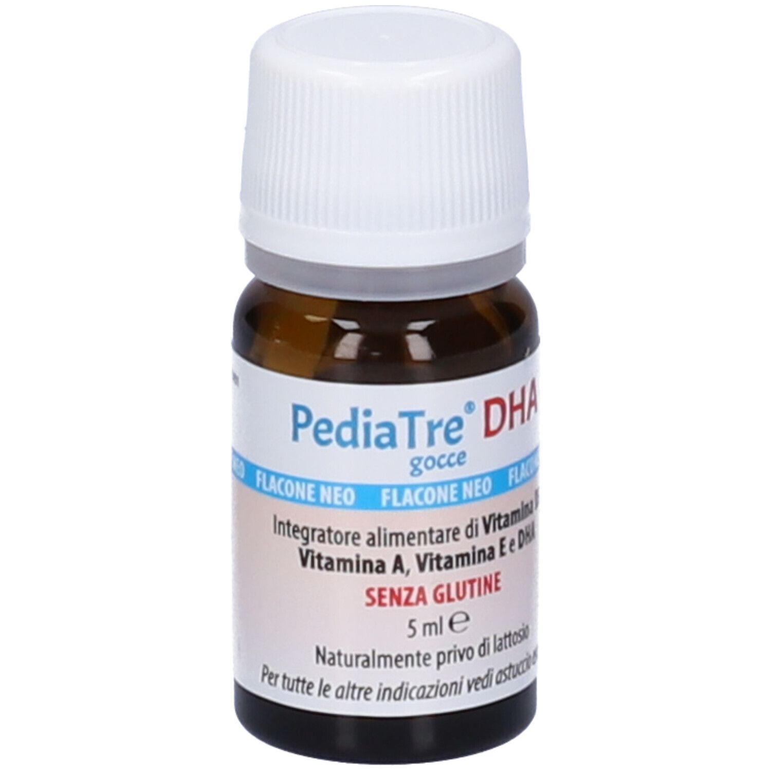 Flacone in vetro marrone con tappo a vite bianco. Scritta: PediaTre DHA, ingredienti, senza glutine.