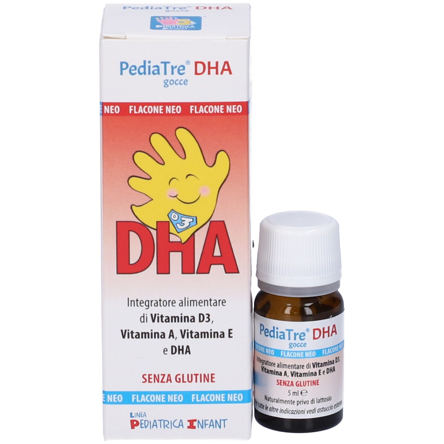 Confezione del prodotto e flacone. Scritta: PediaTre DHA, logo DHA, ingredienti, senza glutine.