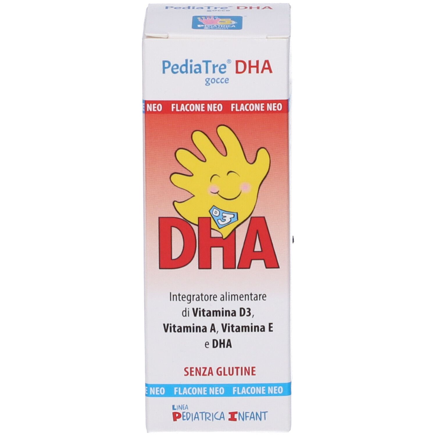 Confezione del prodotto. Scritta: PediaTre DHA, logo DHA, ingredienti, senza glutine.