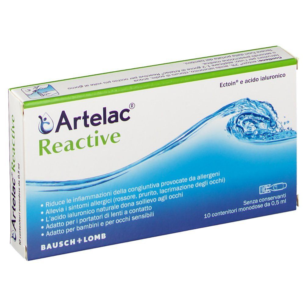 Schachtel Artelac Reactive. Grün-weiß. Wellenmuster. Text: Artelac Reactive, Bausch + Lomb. 10 Einzeldosen.