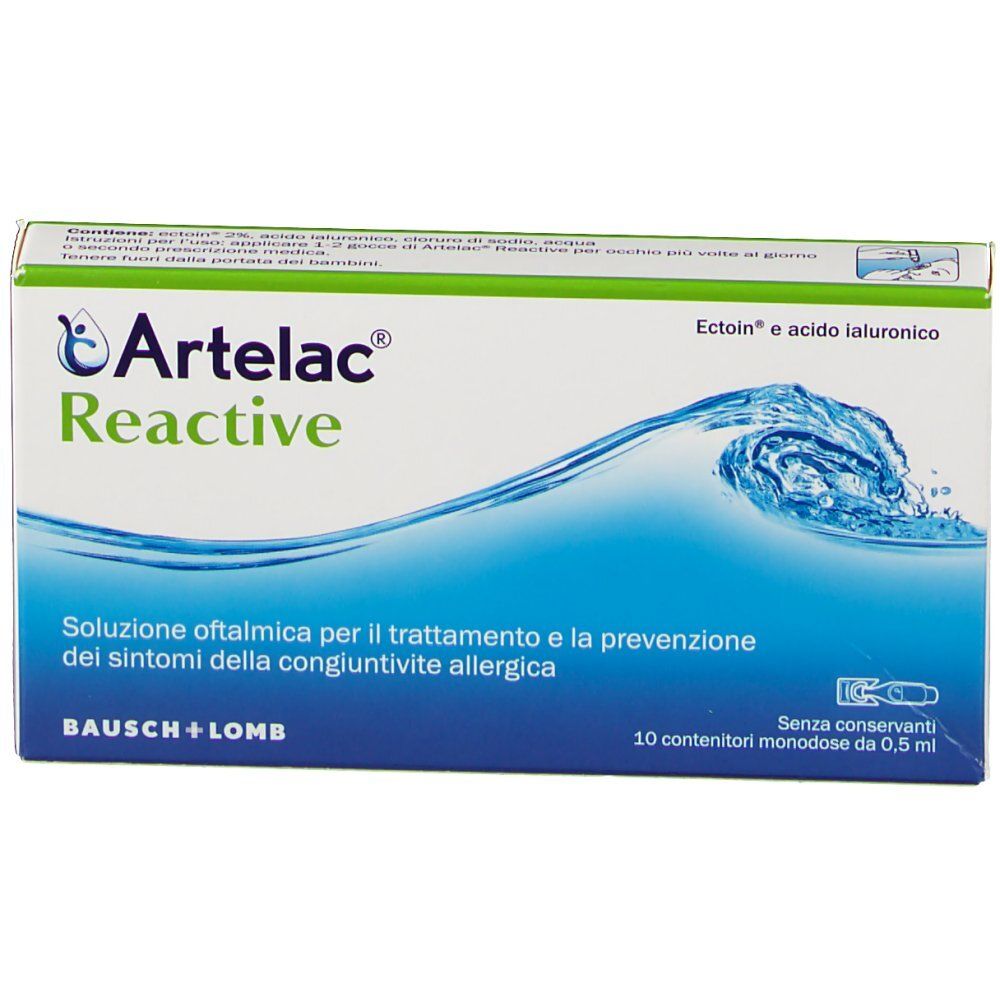 Schachtel Artelac Reactive. Grün-weiß. Wellenmuster. Text: Artelac Reactive, Bausch + Lomb. 10 Einzeldosen.