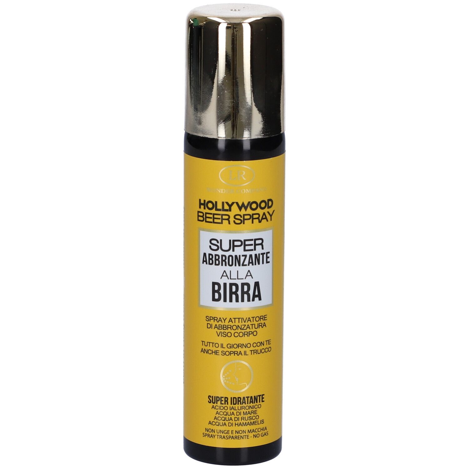 Flacone spray con etichetta gialla. Scritta: Hollywood Beer Spray Super Abbronzante alla Birra. Testina spray argentata.