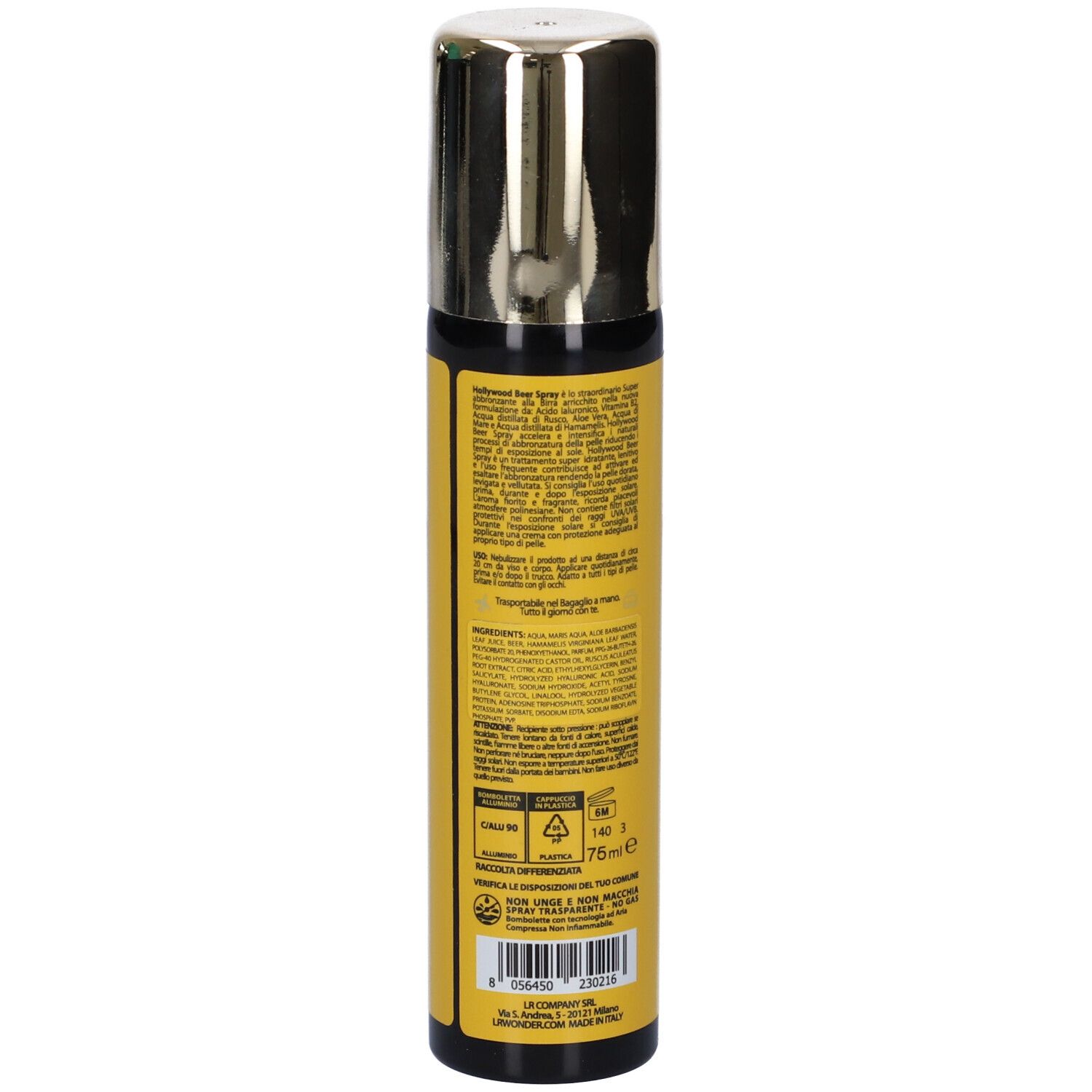 Retro di un flacone spray con etichetta gialla. Informazioni testuali e ingredienti. Sfondo nero.
