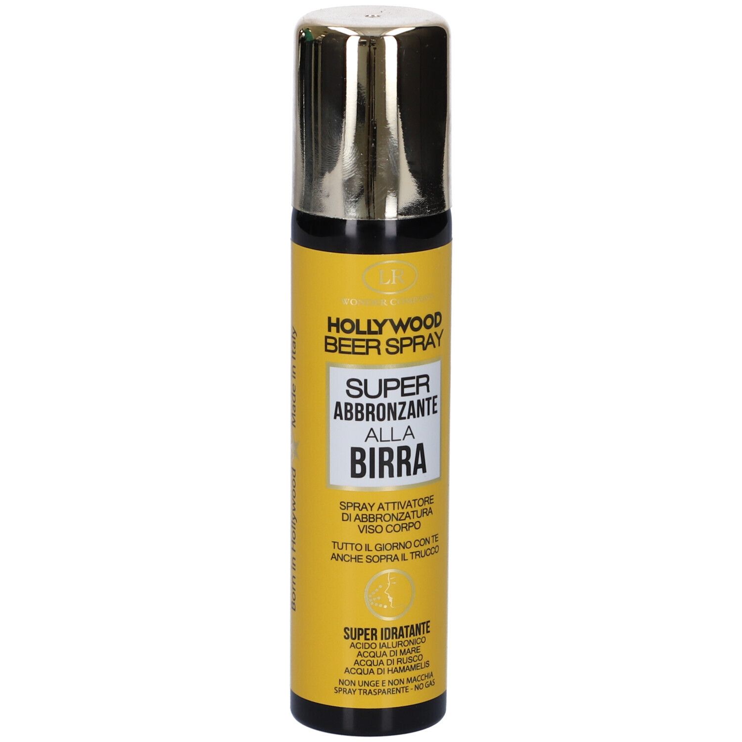 Flacone spray con etichetta gialla. Scritta: Hollywood Beer Spray Super Abbronzante alla Birra. Testina spray argentata.