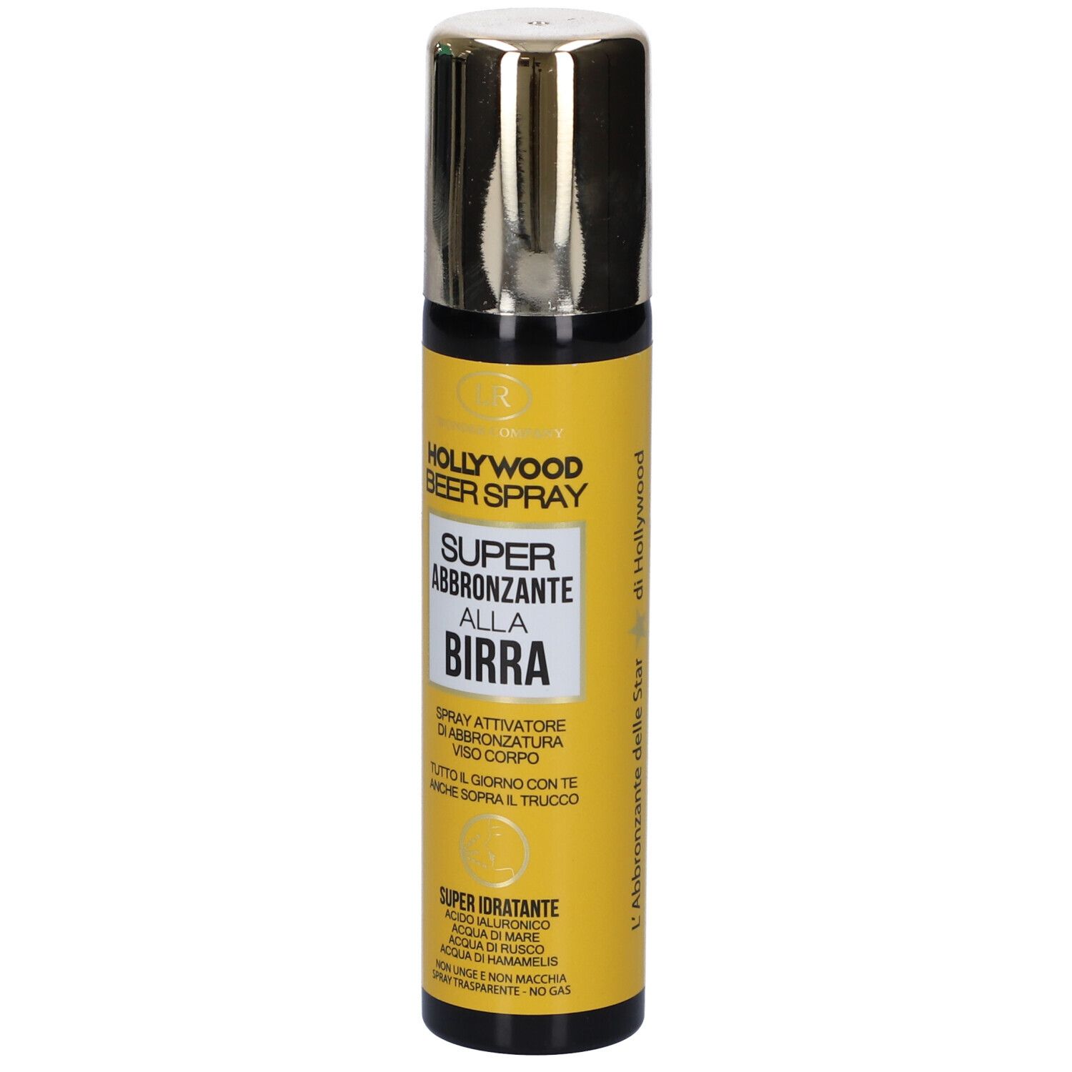 Flacone spray con etichetta gialla. Scritta: Hollywood Beer Spray Super Abbronzante alla Birra. Testina spray argentata.