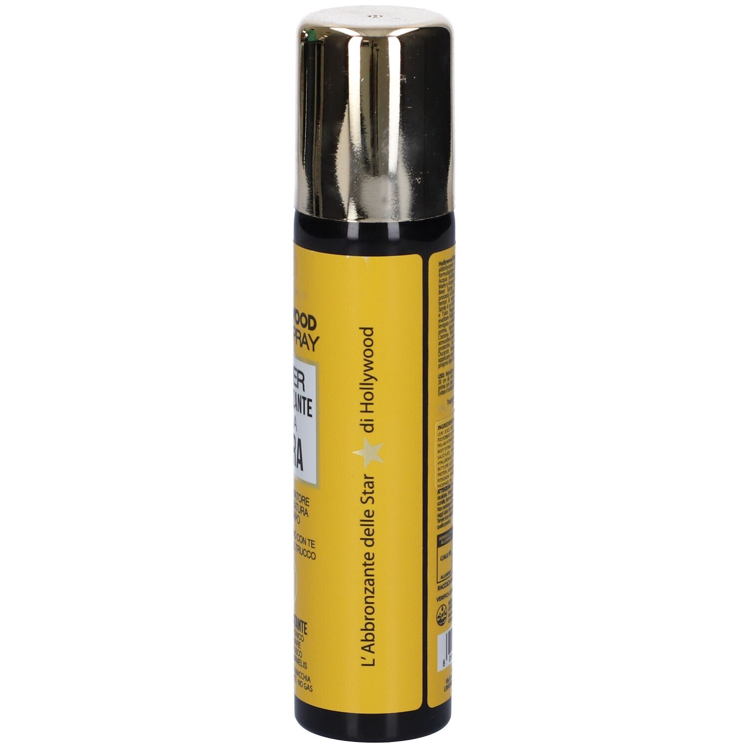 Flacone spray con etichetta gialla. Scritta: Hollywood Beer Spray Super Abbronzante alla Birra. Testina spray argentata.