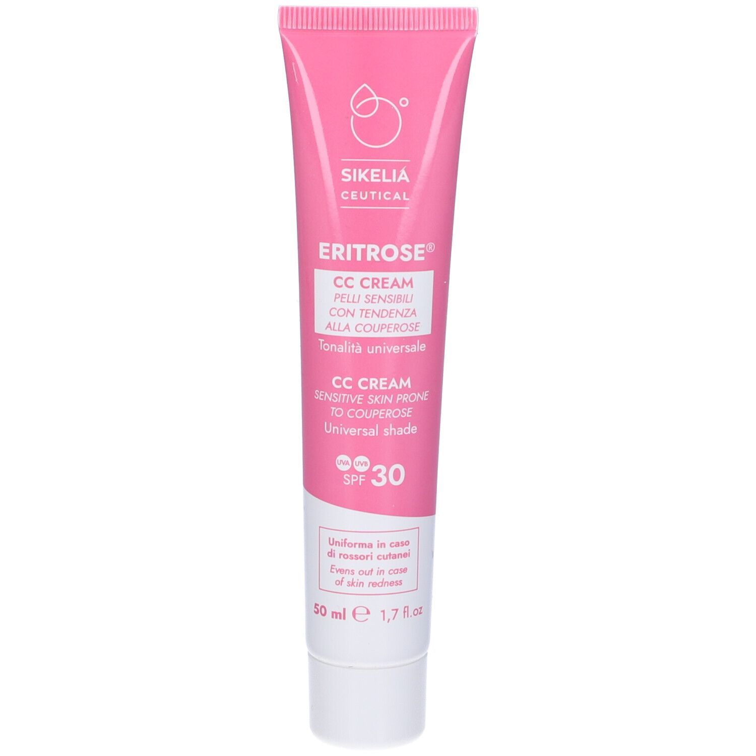 Tubo rosa ERITROSE® CC-Crema. Testo: CC CREAM, SPF 30. Marchio: SIKELIA CEUTICAL.