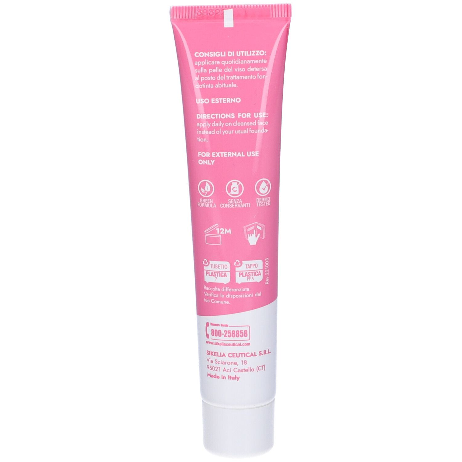 Retro del tubo rosa. Testo: CONSIGLI DI UTILIZZO, USO ESTERNO. Loghi e contatti.