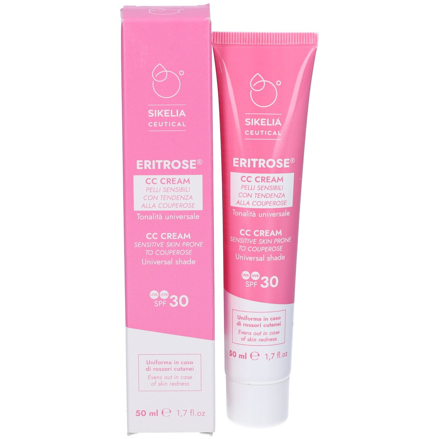 Scatola e tubo rosa. Nome prodotto: ERITROSE® CC-Crema. Testo: CC CREAM, SPF 30. Marchio: SIKELIA CEUTICAL.