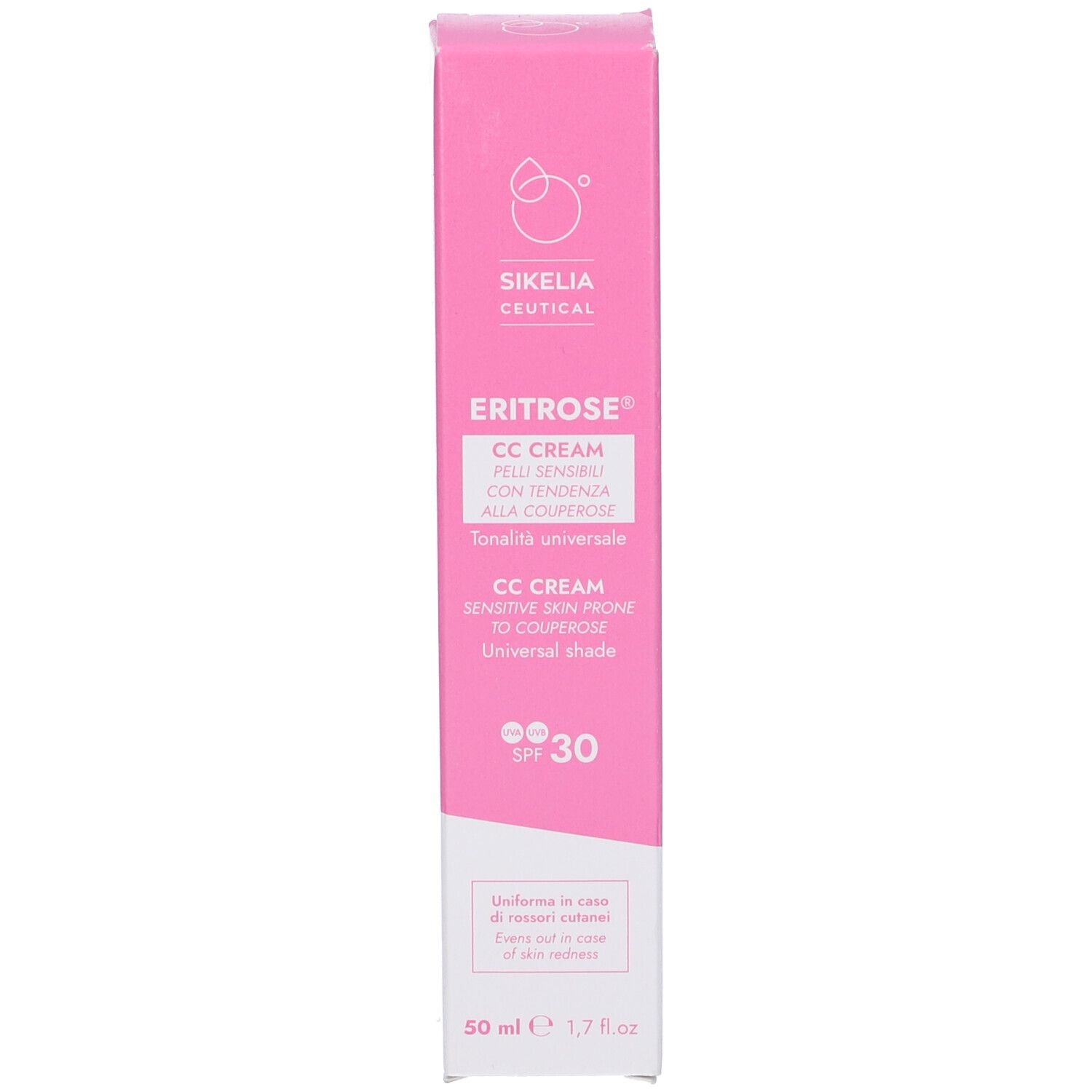Scatola rosa. Nome prodotto: ERITROSE® CC-Crema. Testo: CC CREAM, SPF 30. Marchio: SIKELIA CEUTICAL.