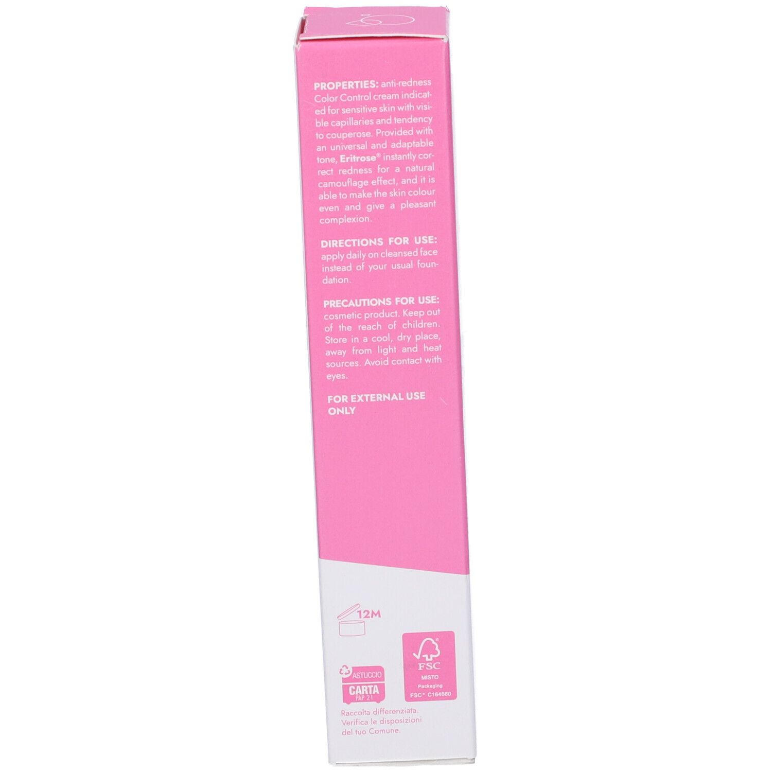 Scatola rosa. Testo: PROPERTIES, DIRECTIONS FOR USE, PRECAUTIONS FOR USE. Loghi e certificazioni.