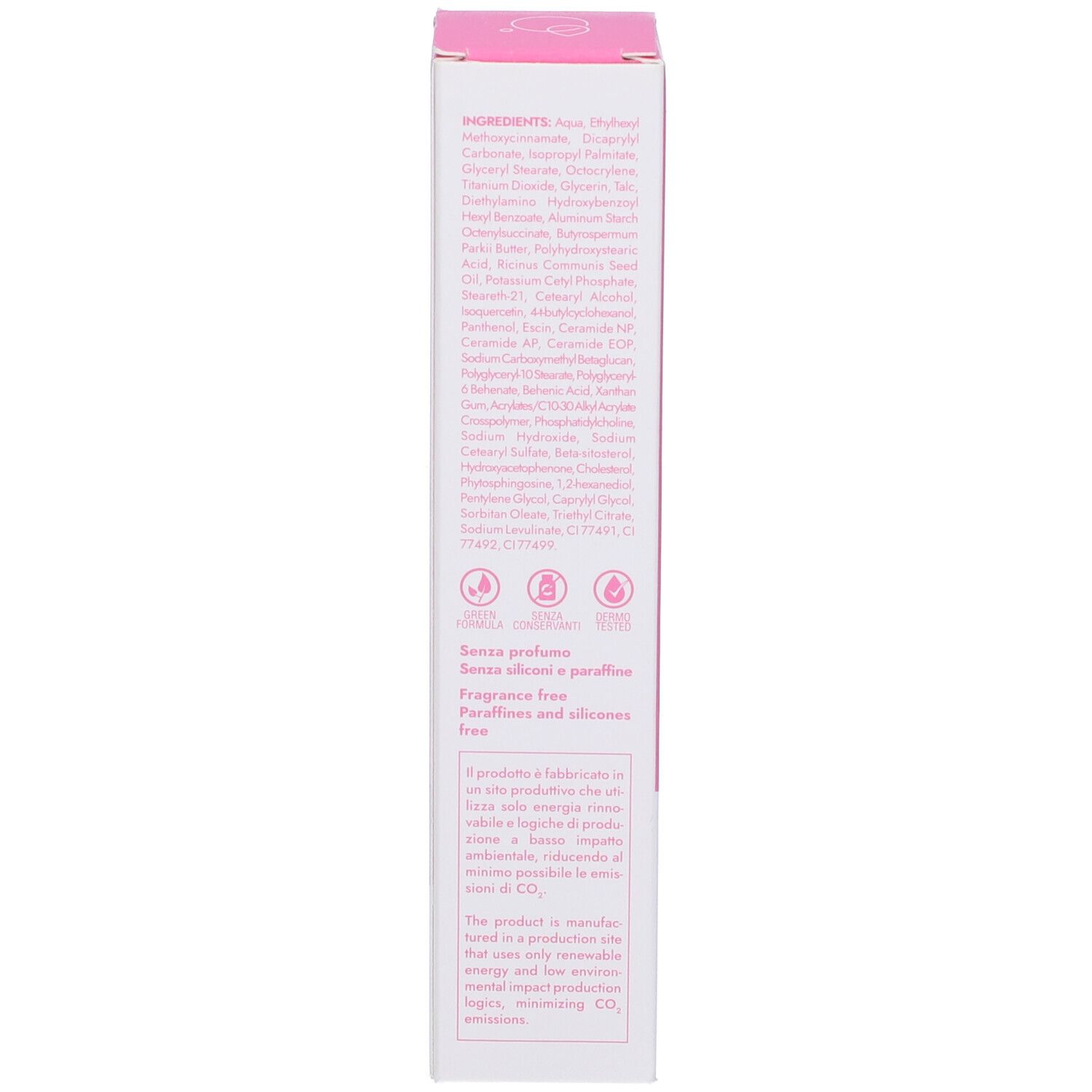 Scatola rosa. Testo: INGREDIENTS, SENZA PROFUMO, Fragrance free. Loghi e certificazioni.