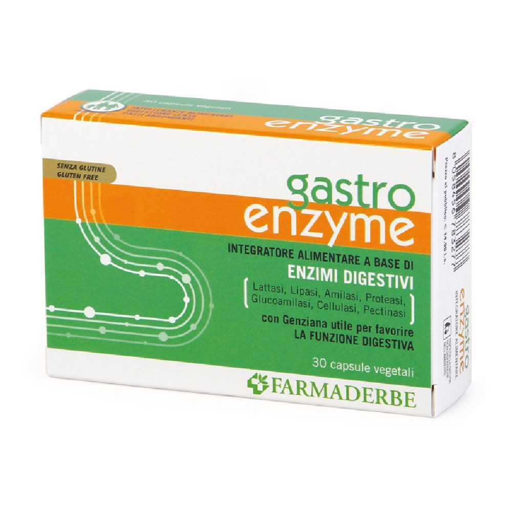 Scatola "gastro enzyme". Contiene 30 capsule vegetali. Marca: Farmaderbe. Senza glutine.