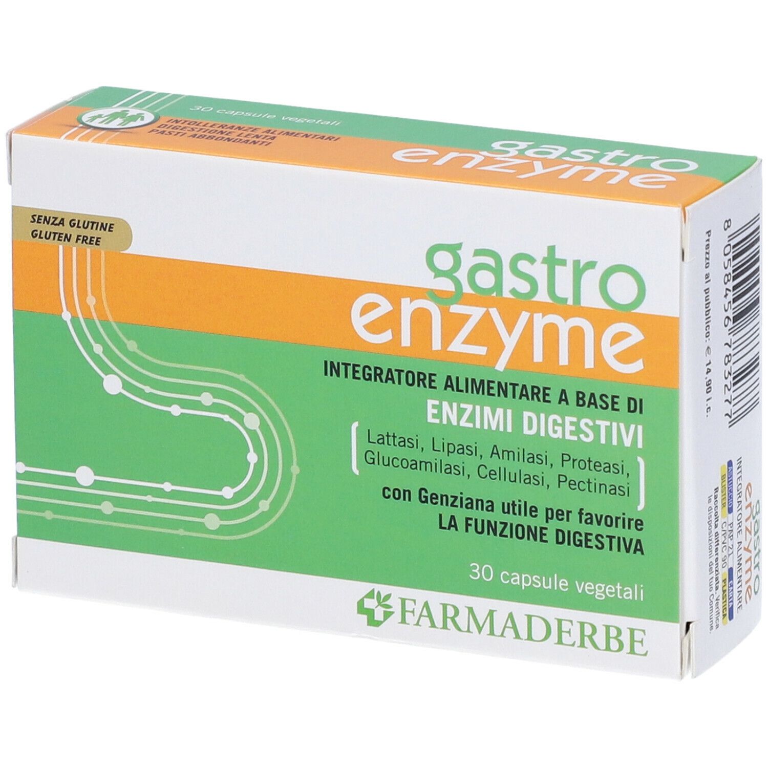 Scatola "gastro enzyme". 30 capsule vegetali. Marca: Farmaderbe. Senza glutine. Design verde e arancione.
