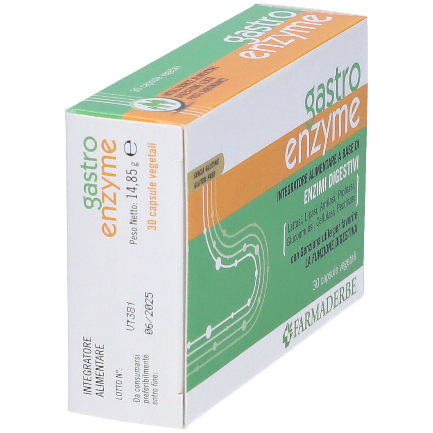 Scatola "gastro enzyme". 30 capsule vegetali. Marca: Farmaderbe. Design verde e arancione. Vista laterale.