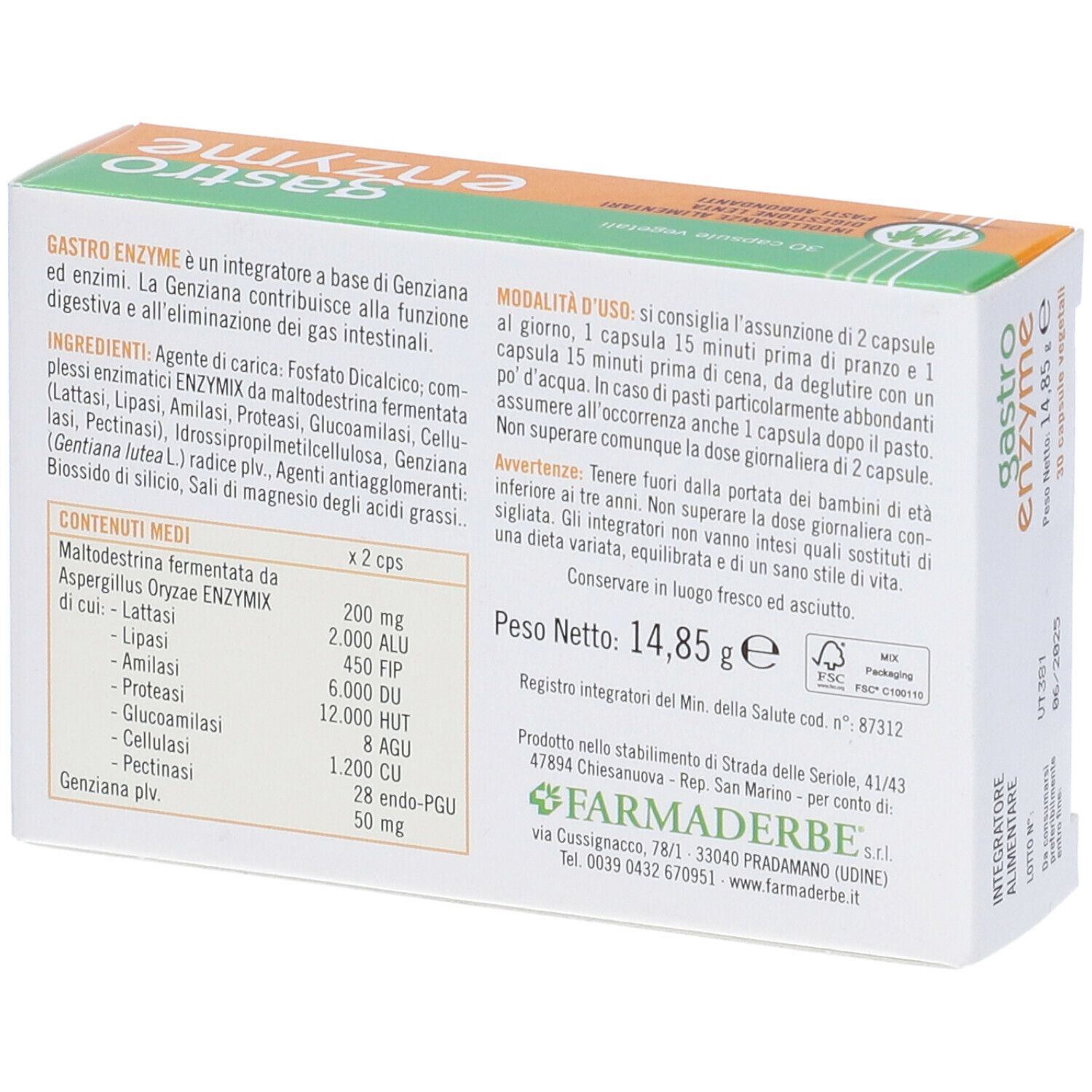 Retro della scatola "gastro enzyme". Contiene informazioni su ingredienti e uso. Marca: Farmaderbe.