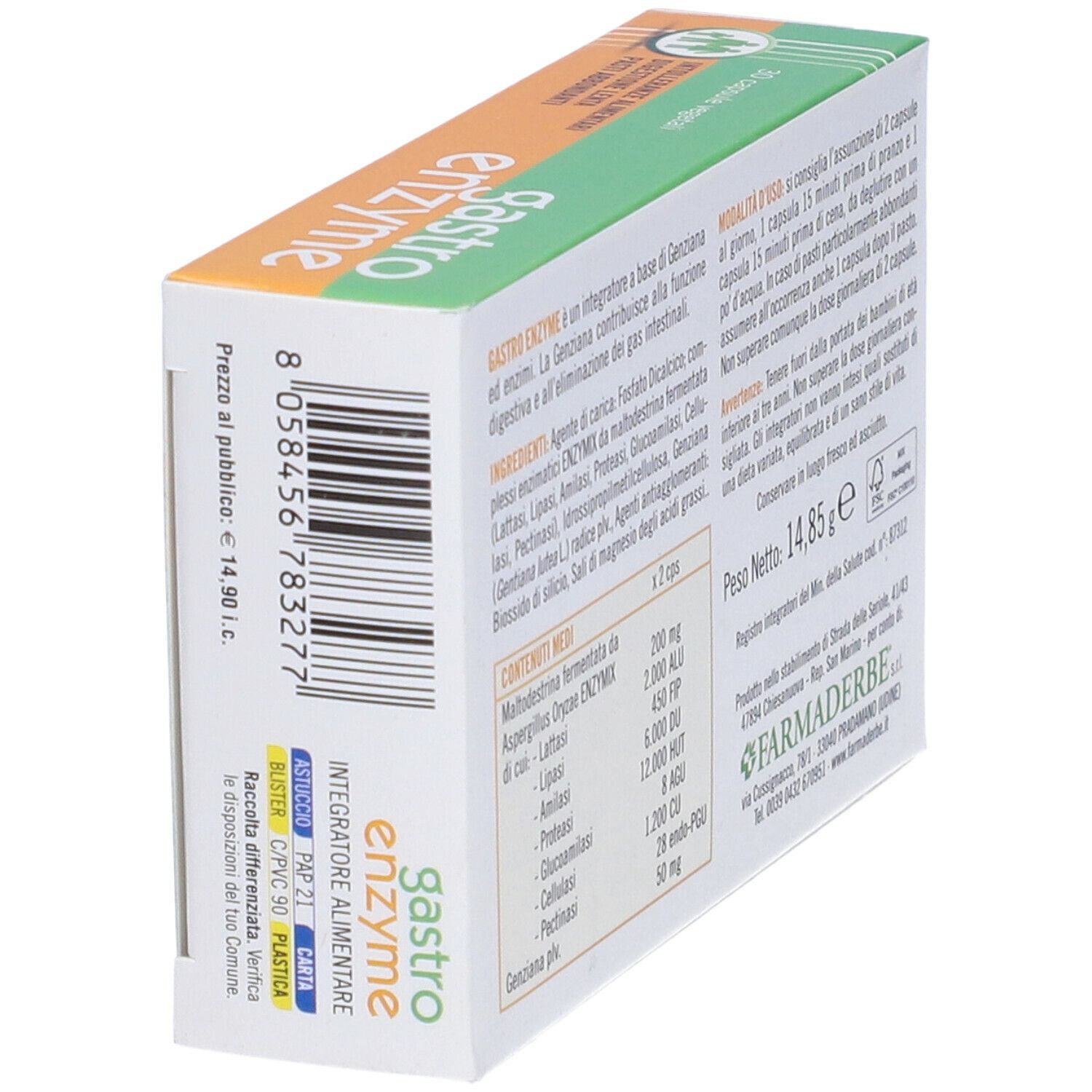 Scatola "gastro enzyme". Contiene informazioni su ingredienti e uso. Marca: Farmaderbe. Vista laterale.