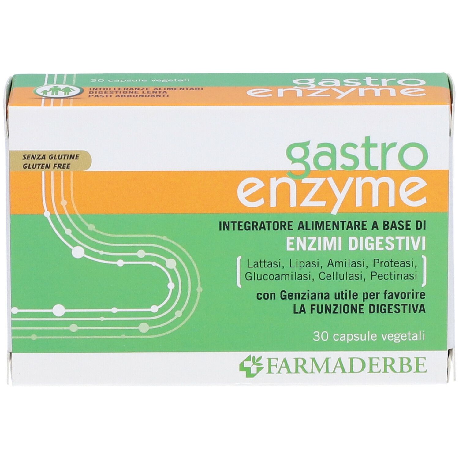 Scatola "gastro enzyme". 30 capsule vegetali. Marca: Farmaderbe. Senza glutine. Design verde e arancione.