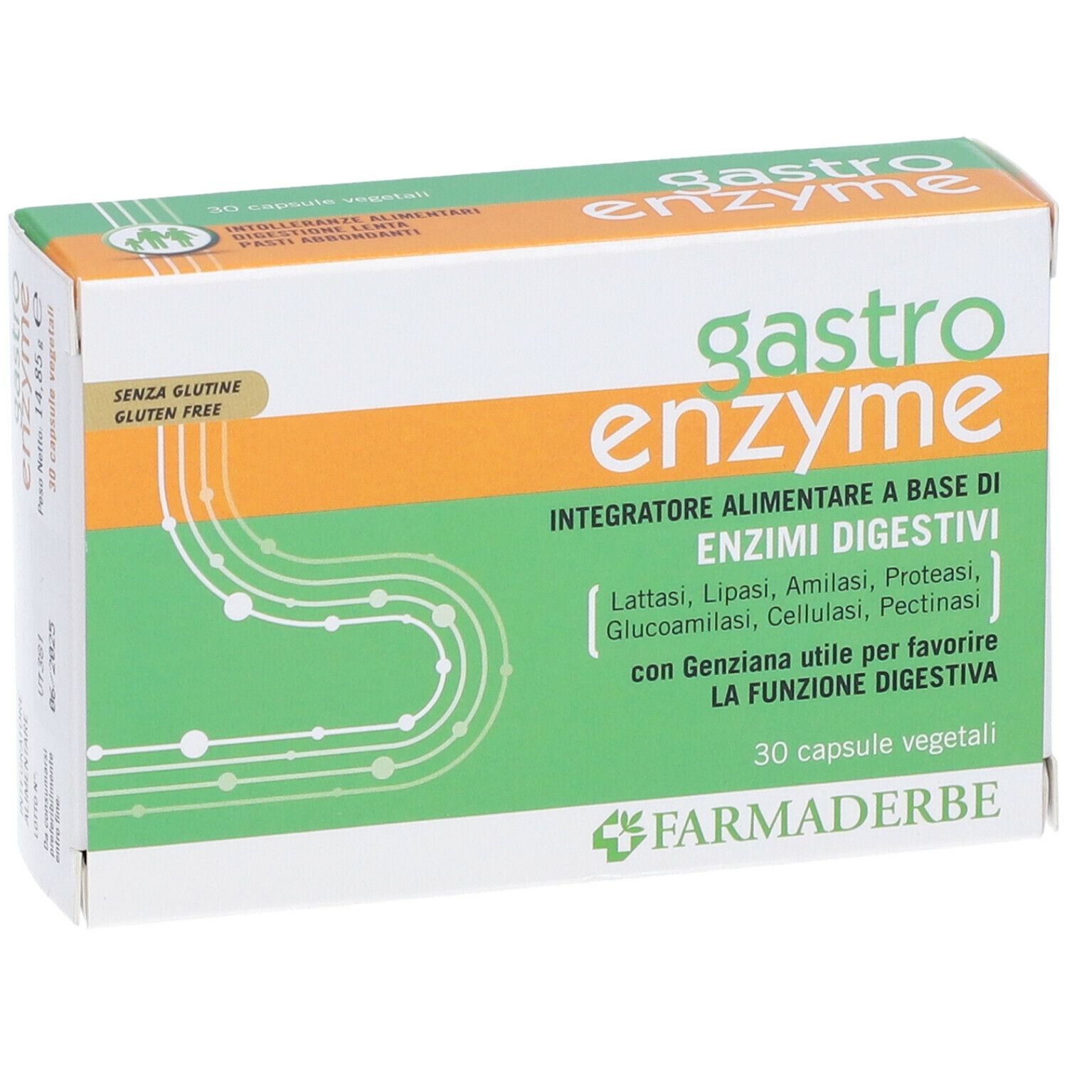 Scatola "gastro enzyme". 30 capsule vegetali. Marca: Farmaderbe. Senza glutine. Design verde e arancione.