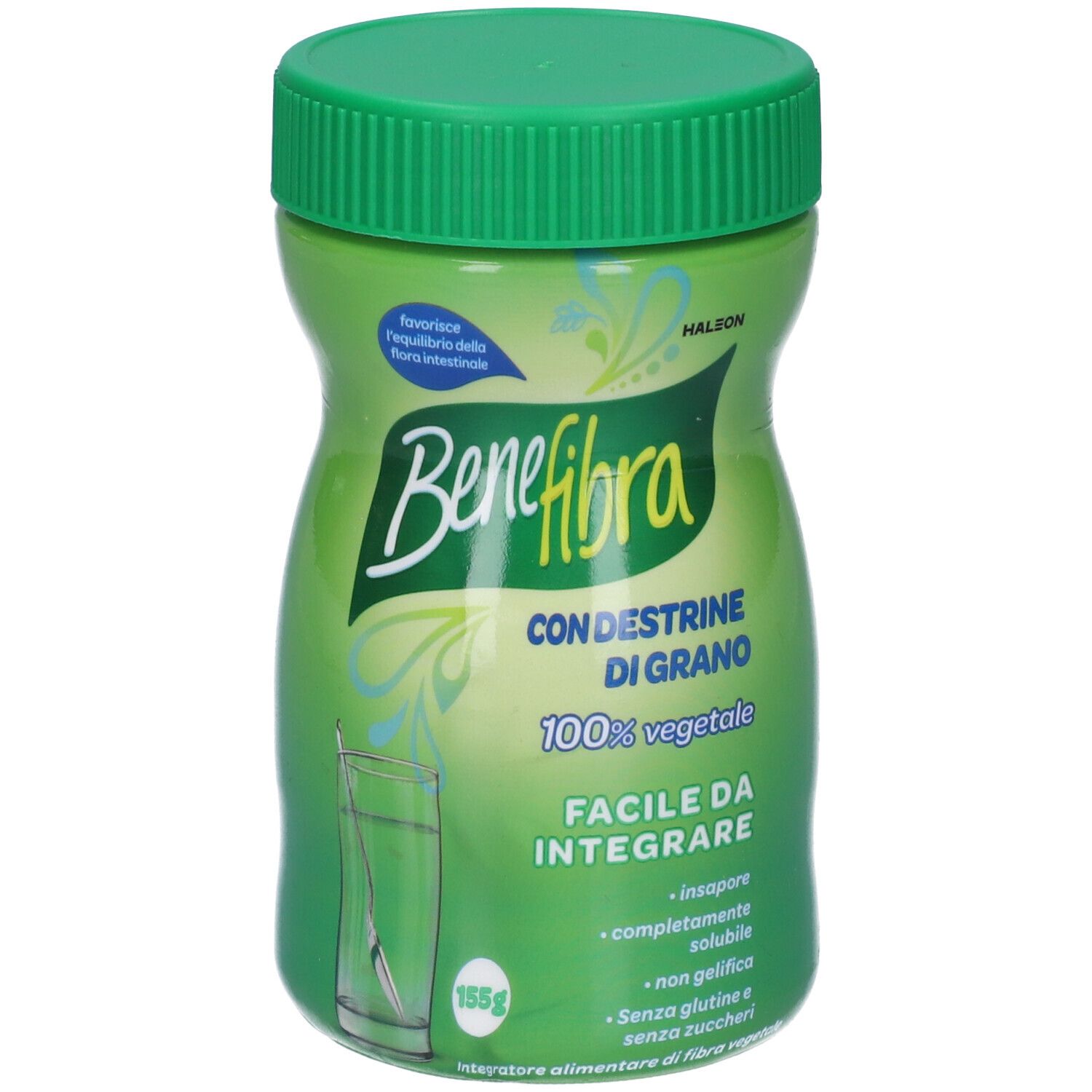 Grüne Dose Benefibra mit grünem Deckel. Aufschrift: Benefibra, Con Destrine di Grano, 100% vegetale. 155g.