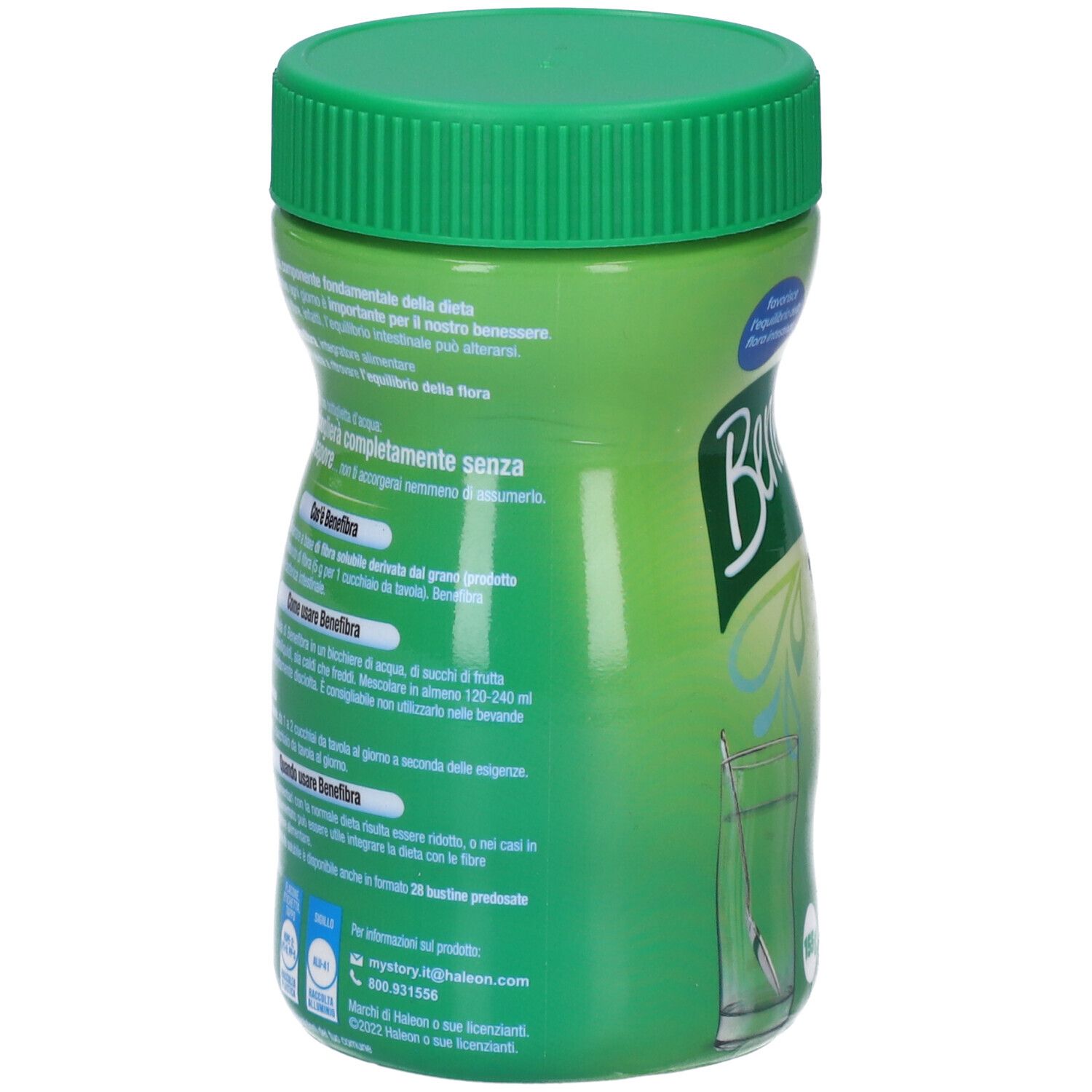 Rückseite der grünen Benefibra-Dose. Text: Informationen zur Ernährung, Zutaten, Gebrauchsanweisung. Mit grünen Deckel.