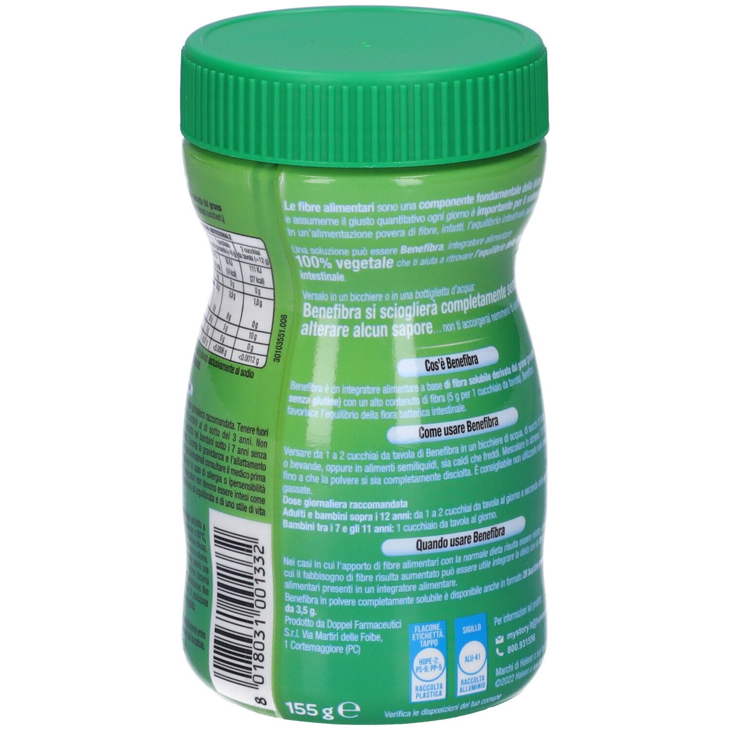 Rückseite der grünen Benefibra-Dose. Text: Nährwertangaben, Gebrauchsanweisung, Zutaten. Mit grünem Deckel.