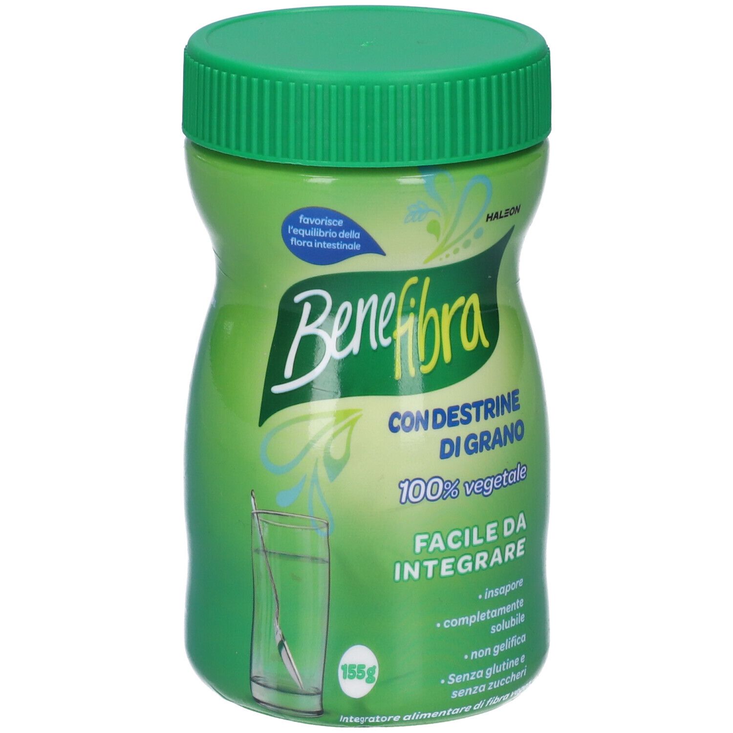Grüne Dose Benefibra mit grünem Deckel. Aufschrift: Benefibra, Con Destrine di Grano, 100% vegetale. 155g.