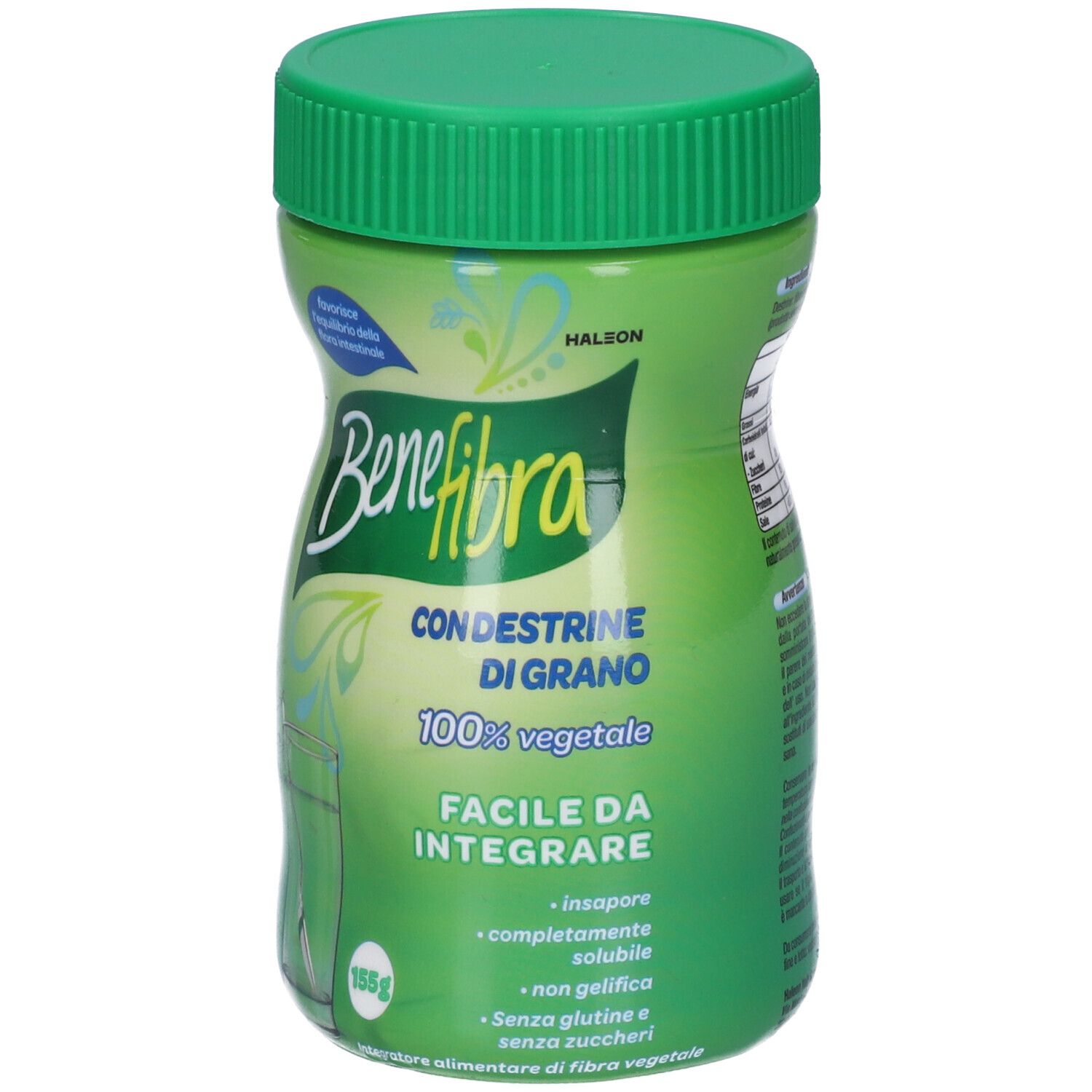 Grüne Dose Benefibra mit grünem Deckel. Aufschrift: Benefibra, Con Destrine di Grano, 100% vegetale. 155g.