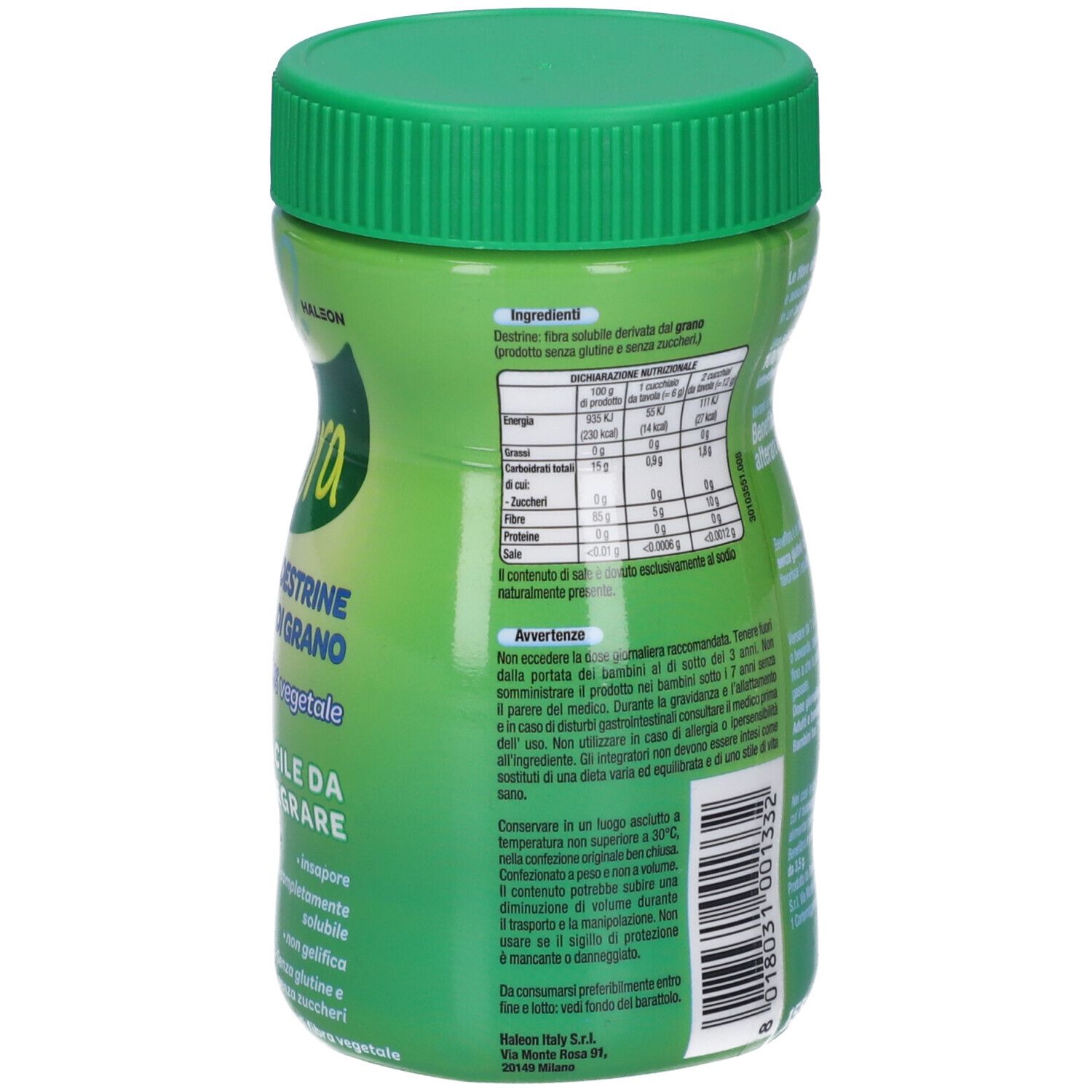 Rückseite der grünen Benefibra-Dose. Text: Nährwertangaben, Gebrauchsanweisung, Zutaten. Mit grünem Deckel.