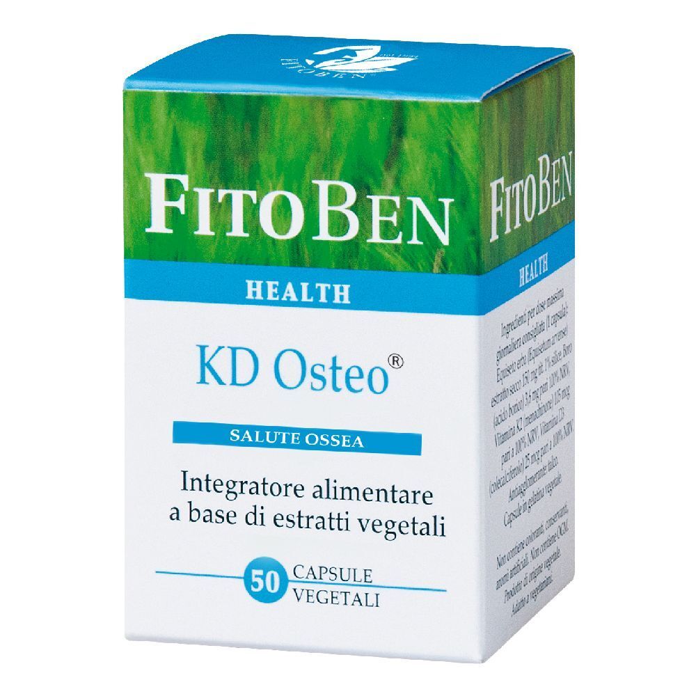 Scatola di capsule "FitoBen KD Osteo". Scritta "Health", "Salute Ossea". Contiene 50 capsule vegetali.