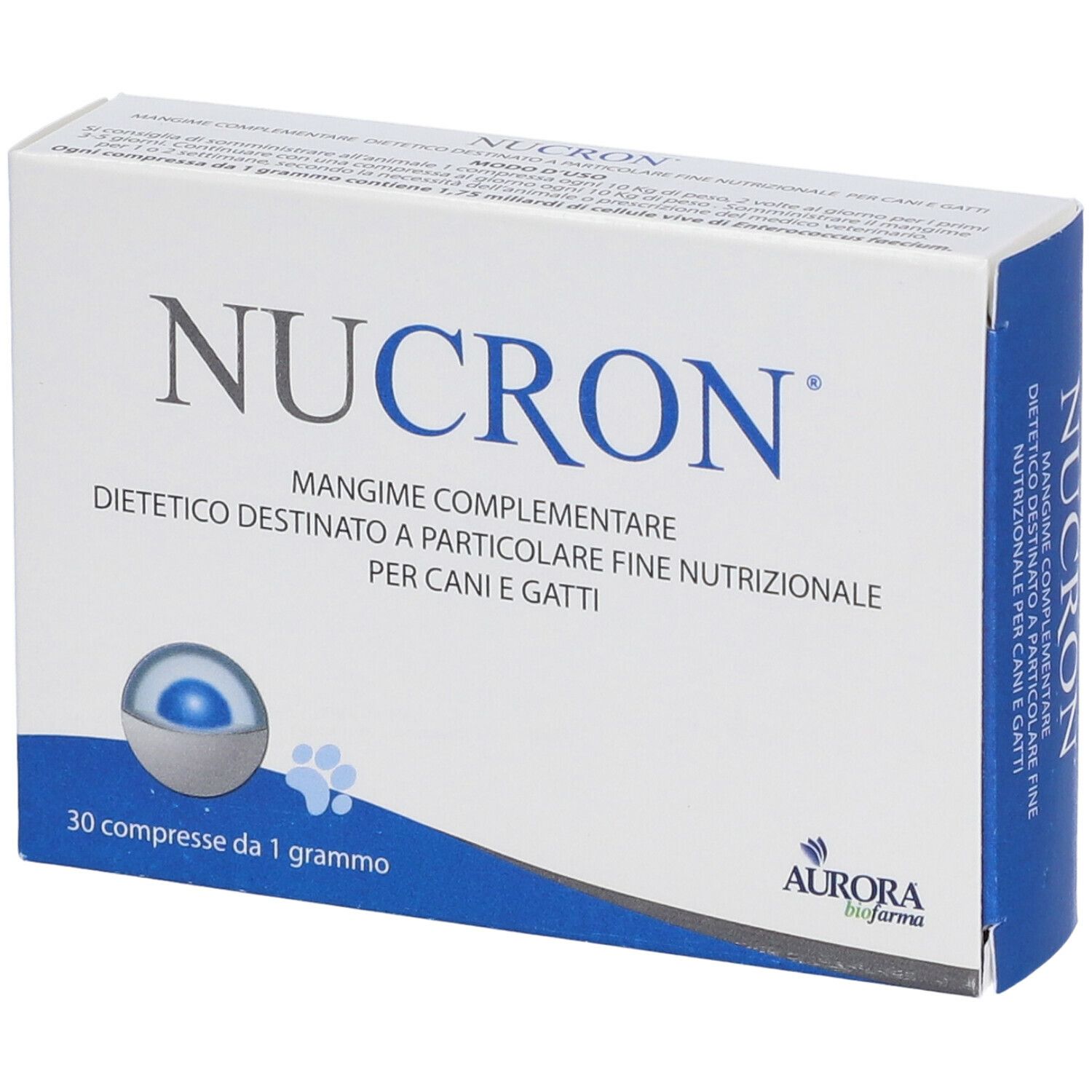 Scatola bianca Nucron. Mangime complementare per cani e gatti. 30 compresse. Logo Aurora Biofarma.