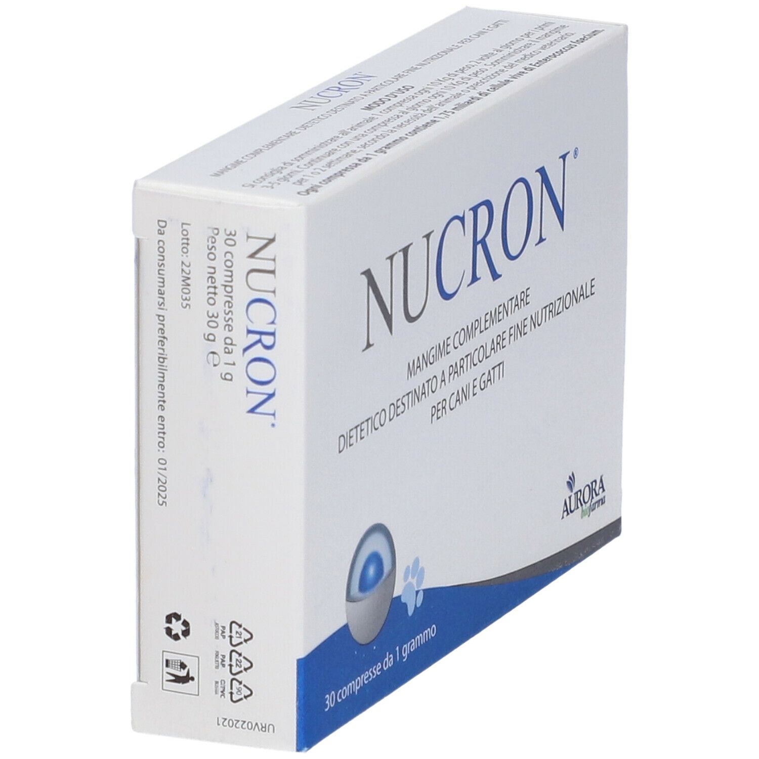 Confezione Nucron bianca e blu. 30 compresse. Nome e logo del prodotto visibili. Aurora Biofarma.