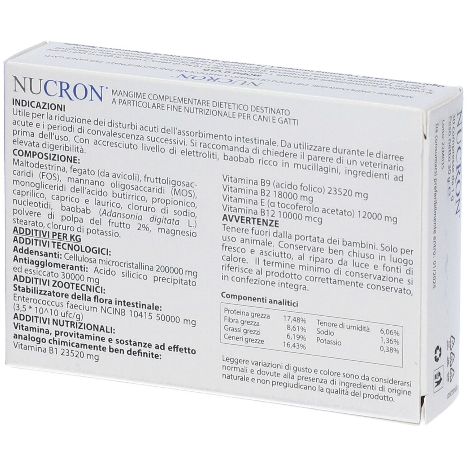 Retro della confezione Nucron. Ingredienti, dosaggio e avvertenze. Logo Aurora Biofarma.