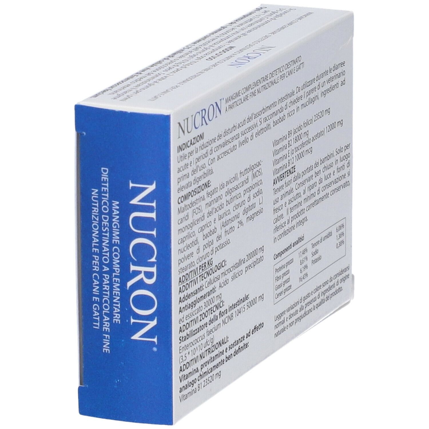 Confezione Nucron, vista dettagliata. Ingredienti, dosaggio e avvertenze. Logo Aurora Biofarma.
